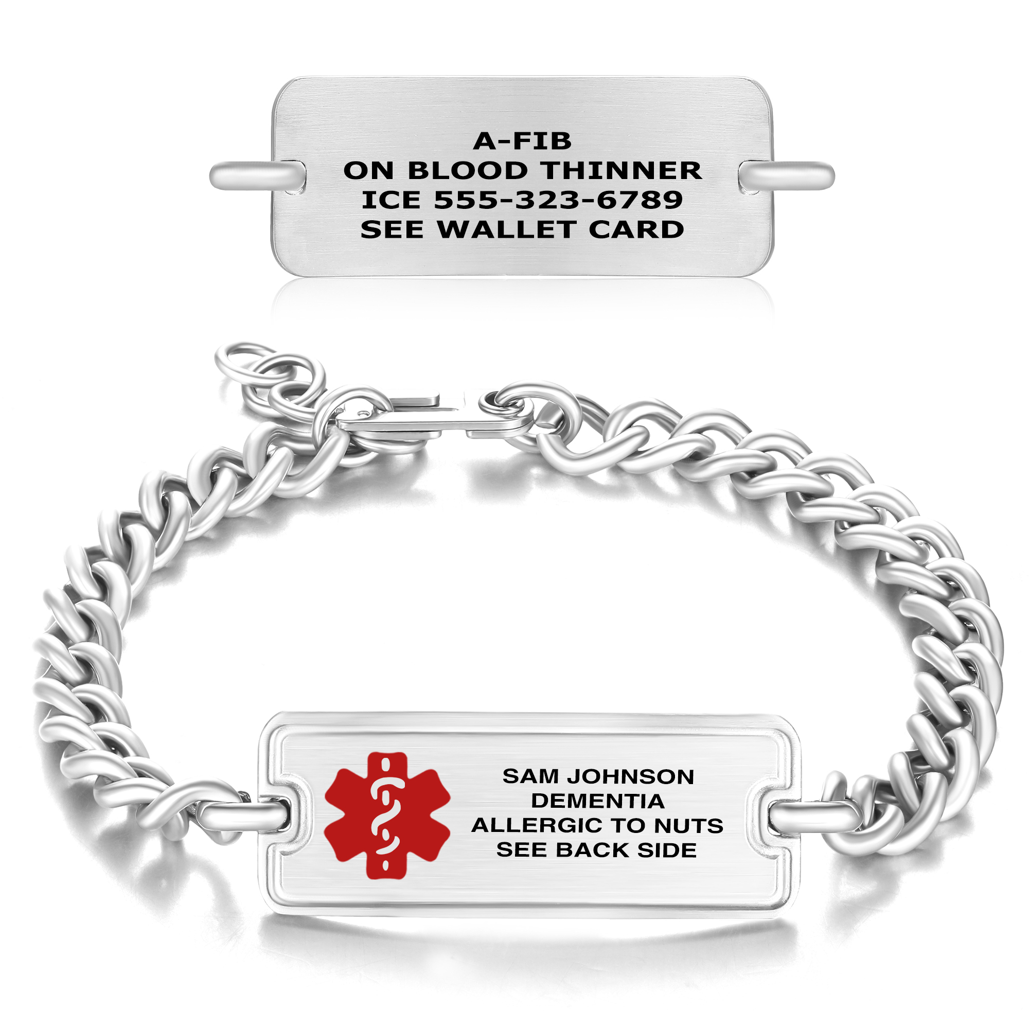 A silver medical alert bracelet with a link chain design and two rectangular identification tags. The upper tag, displayed separately above the bracelet, reads 'A-FIB, ON BLOOD THINNER, ICE 555-323-6789, SEE WALLET CARD.' The lower tag, integrated into the bracelet, features a red medical caduceus symbol on the left and text reading 'SAM JOHNSON, DEMENTIA, ALLERGIC TO NUTS, SEE BACK SIDE.' The bracelet is polished and reflective, displayed on a clean white surface.