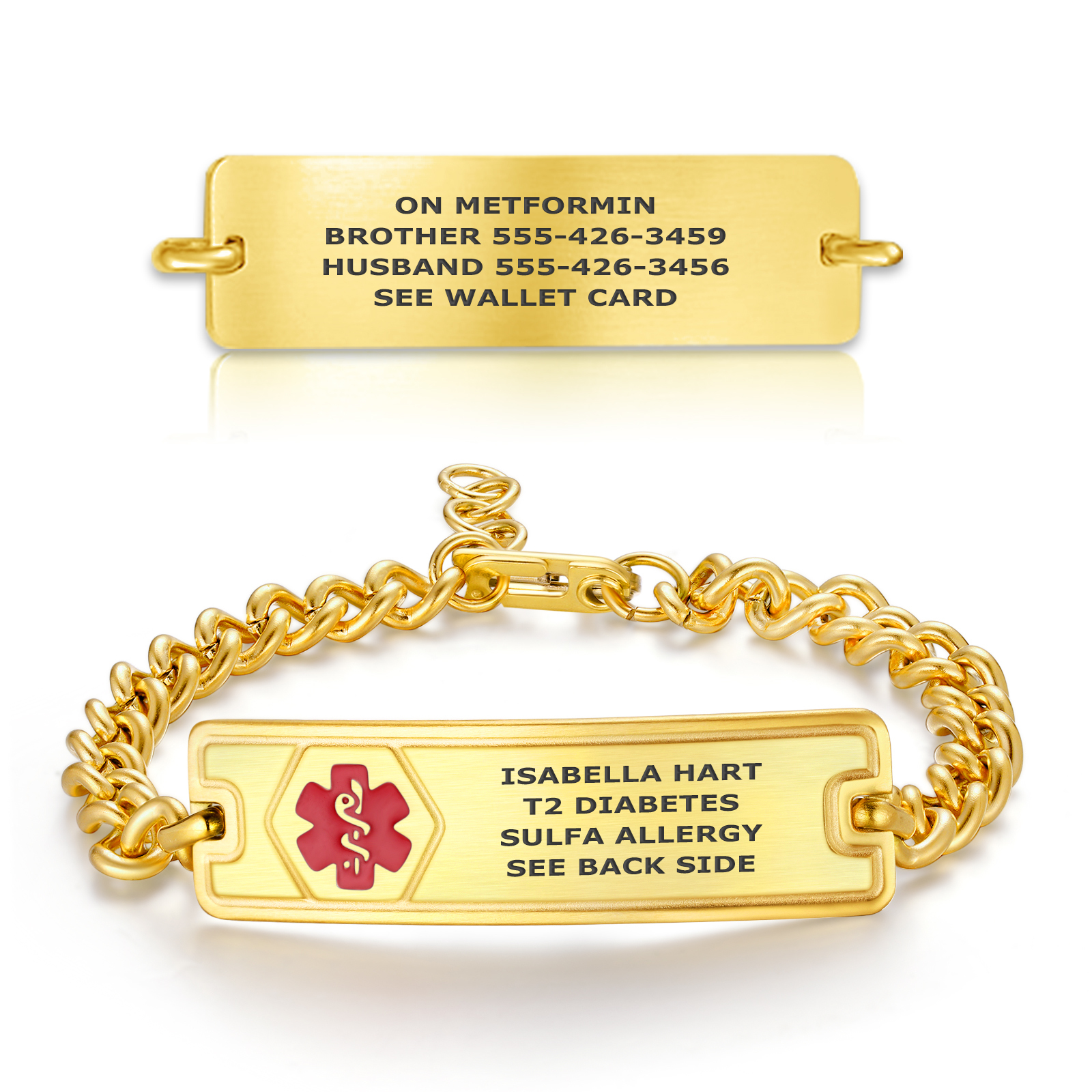 A golden medical alert bracelet with a thick curb-link chain and a rectangular plaque. The front of the plaque displays the name "ISABELLA HART," medical details "T2 DIABETES" and "SULFA ALLERGY," along with a red Star of Life symbol. The back of the plaque includes emergency contact numbers and a note to "SEE WALLET CARD." Photographed against a clean white background.