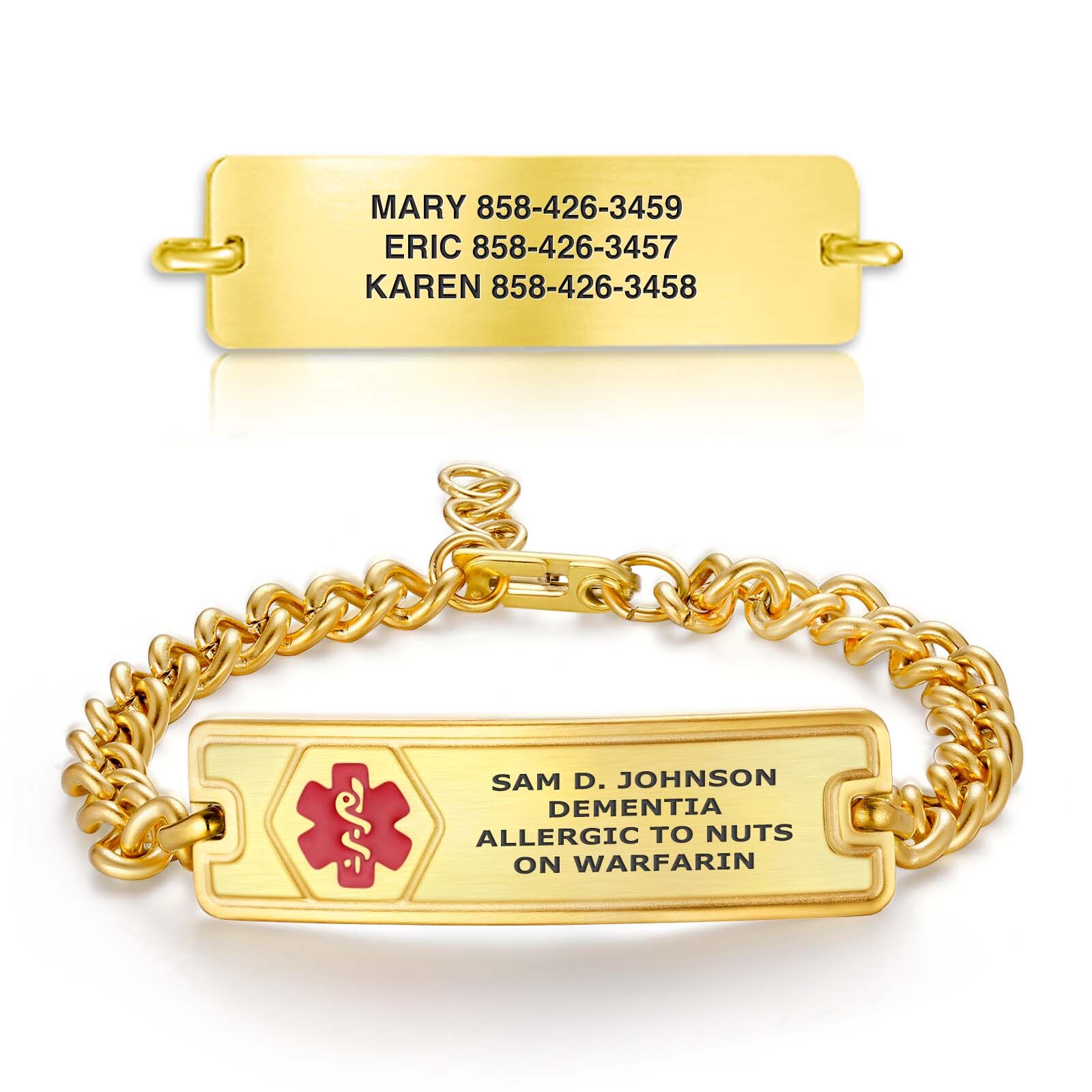 A gold medical alert bracelet with a thick curb-link chain and a rectangular ID tag. The tag features a red Star of Life medical symbol and engraved text: "SAM D. JOHNSON," "DEMENTIA," "ALLERGIC TO NUTS," and "ON WARFARIN." Above the bracelet, a separate gold ID tag is displayed, engraved with emergency contact names and phone numbers. Both items have a polished gold finish and are designed for clear visibility of critical information.