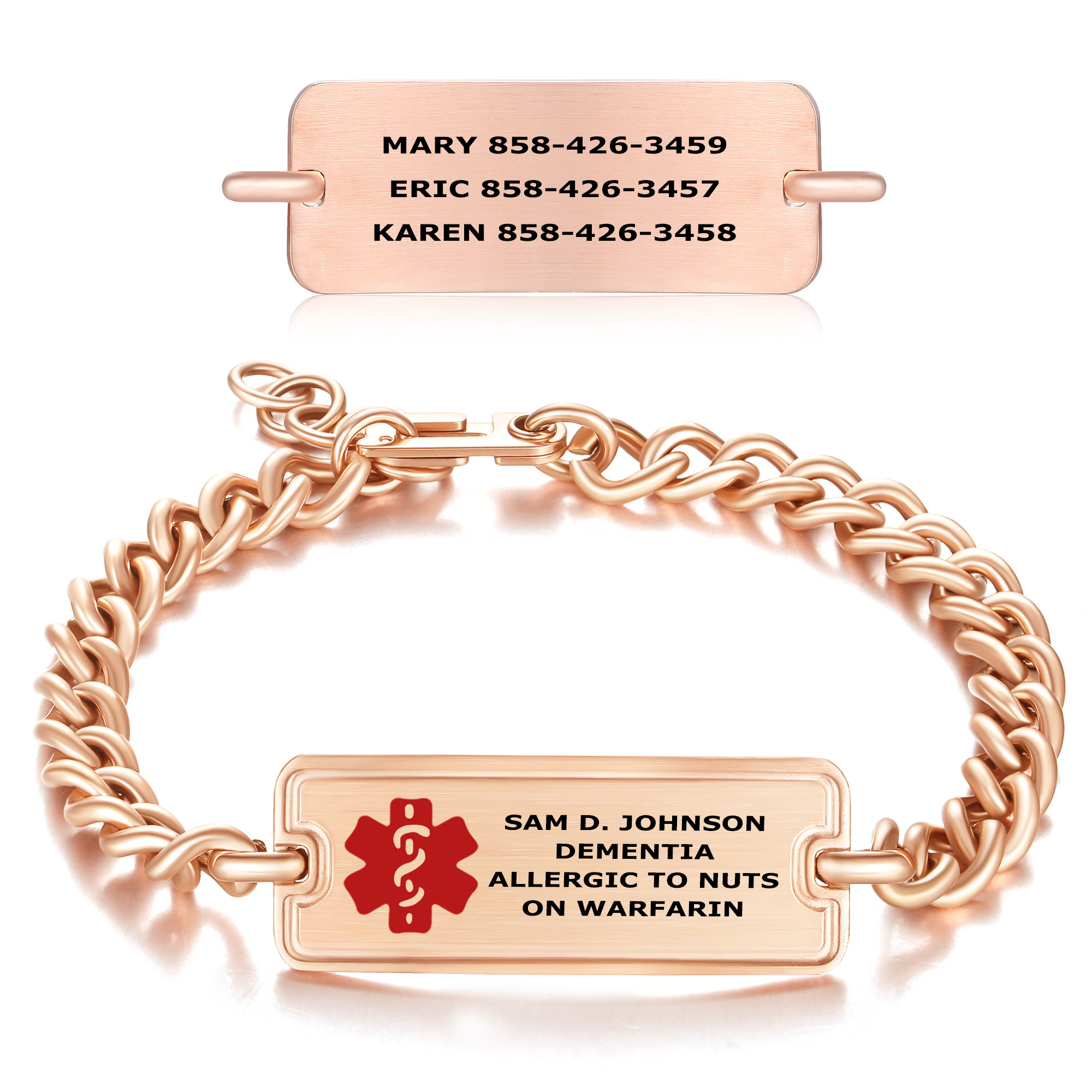 A rose gold medical alert bracelet with a thick curb chain and a rectangular ID tag. The tag features a red Star of Life medical symbol and engraved text: "SAM D. JOHNSON," "DEMENTIA," "ALLERGIC TO NUTS," and "ON WARFARIN." Above the bracelet, a separate rose gold ID tag is displayed, engraved with emergency contact names and phone numbers. Both items have a brushed finish and are designed for clear visibility of critical information.
