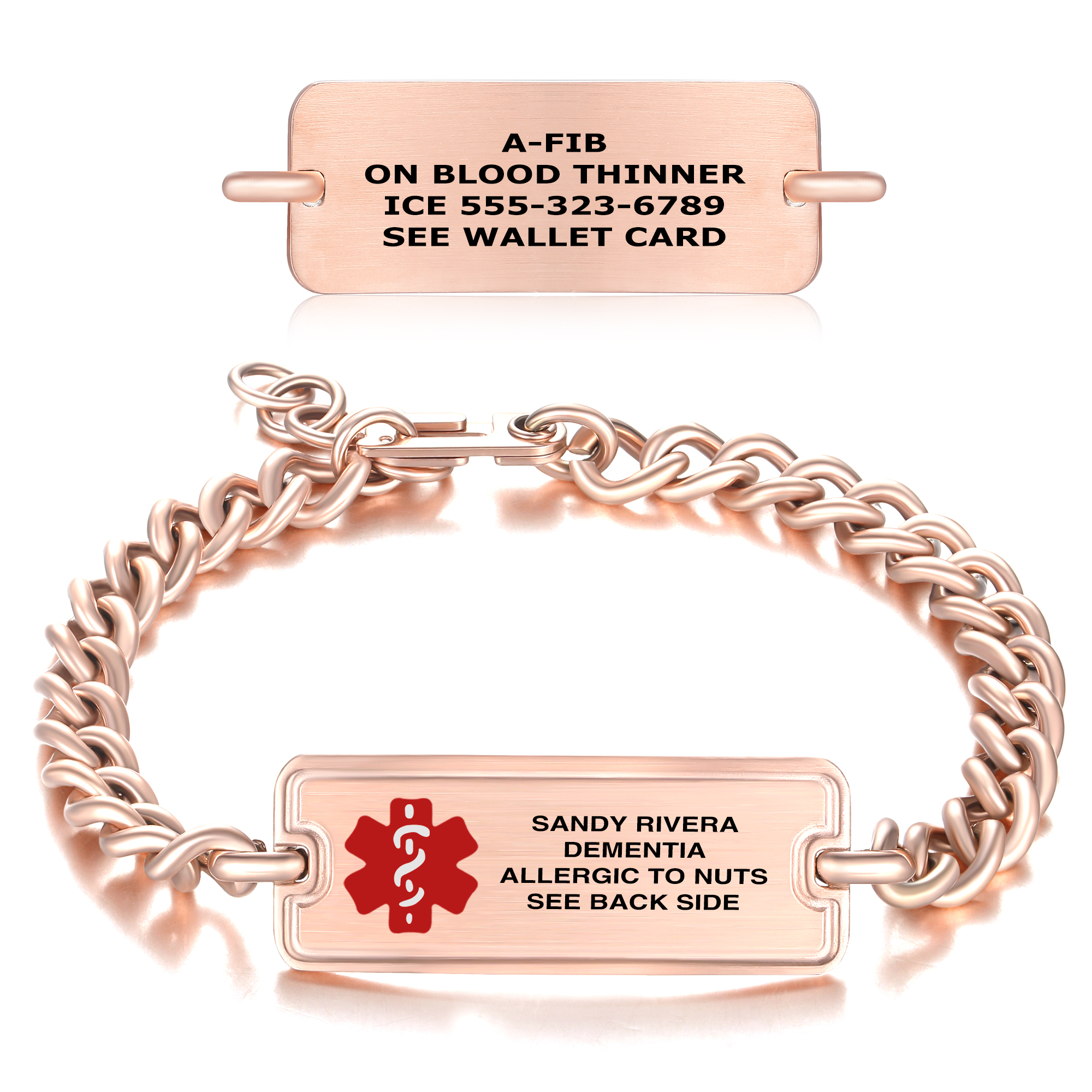 Rose gold medical alert bracelet displayed on a white background with subtle reflections. The top section shows a standalone rectangular plaque engraved with 'A-FIB, ON BLOOD THINNER, ICE 555-323-6789, SEE WALLET CARD' in black text. Below, the complete bracelet features a chunky curb-link chain and a central rectangular plaque. The plaque includes a red medical caduceus symbol on the left and black engraved text reading 'SANDY RIVERA, DEMENTIA, ALLERGIC TO NUTS, SEE BACK SIDE.' The bracelet is polished and includes a lobster claw clasp, emphasizing its functional and elegant design.