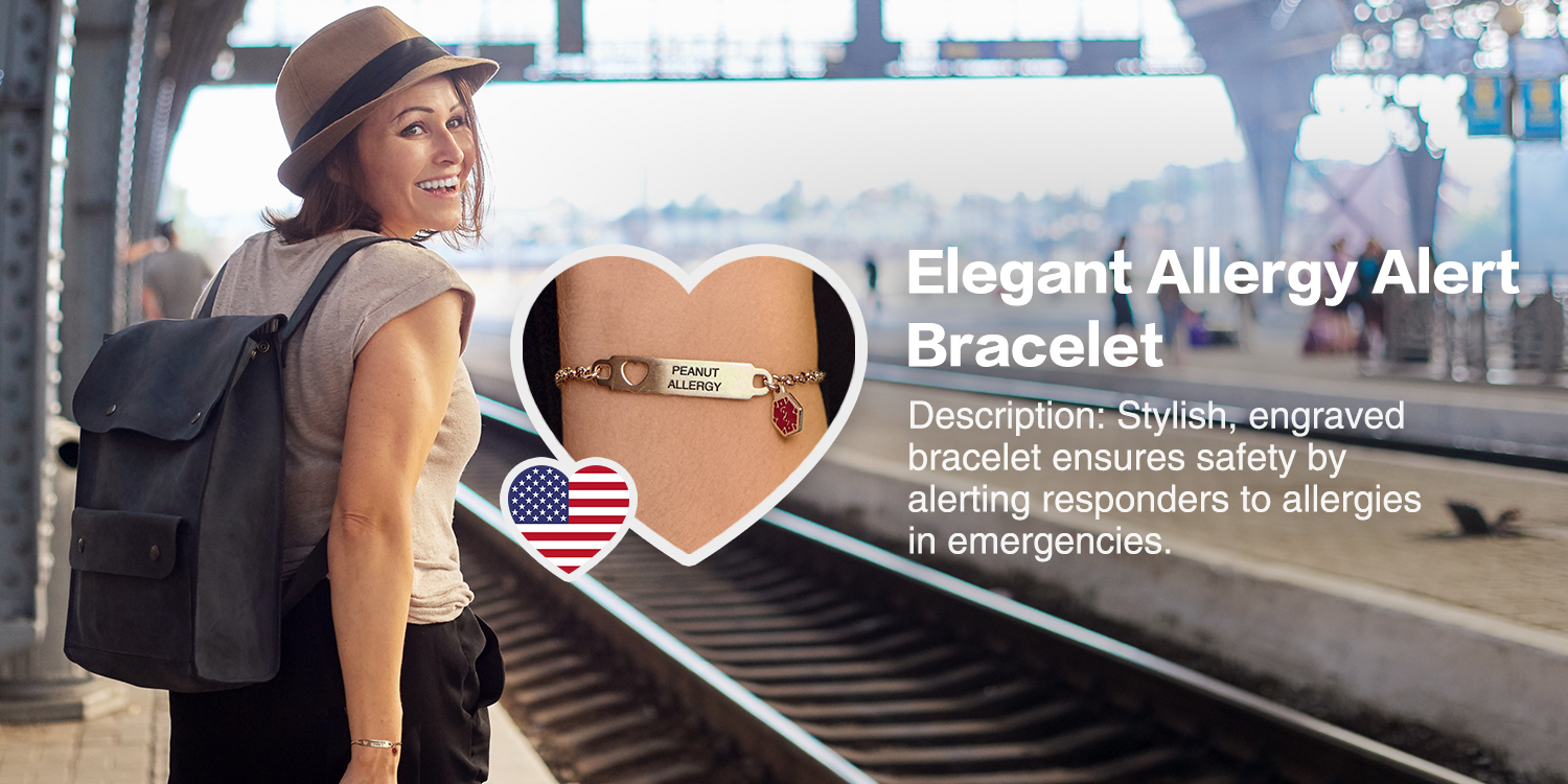 A promotional image showcasing an elegant allergy alert bracelet designed for individuals with peanut allergies. The bracelet features a gold chain, a rectangular engraved plaque with "PEANUT ALLERGY," and a red medical alert charm. The background includes a smiling woman wearing a light t-shirt, a dark backpack, and a brown fedora, standing on a train platform. Overlaid text highlights the bracelet's stylish design and safety function, ensuring responders are alerted in emergencies.