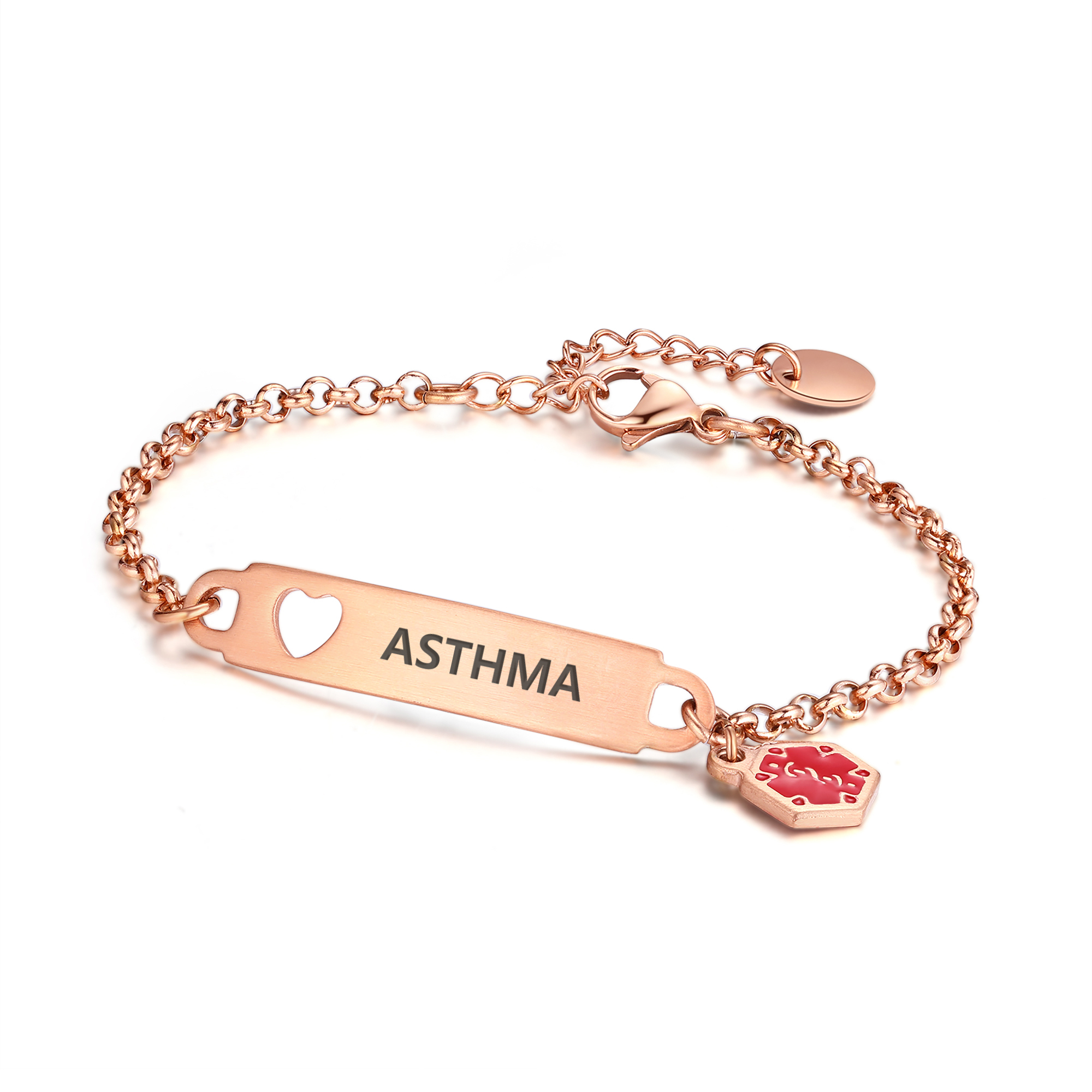 A rose gold medical alert bracelet featuring a rectangular ID tag engraved with "ASTHMA" in dark uppercase text. The tag includes a heart-shaped cutout on the left and is connected to a delicate oval link chain. A red hexagonal medical alert charm with a rose gold medical symbol is attached to the right side of the tag. The bracelet also features a lobster clasp and an adjustable extender chain with a small oval charm, all displayed against a clean white background.