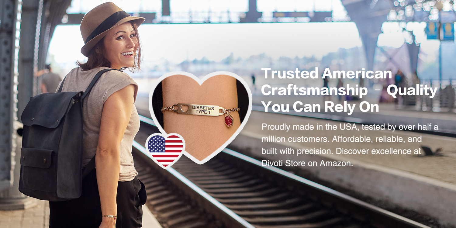 A promotional banner featuring a smiling woman at a train station, wearing a light brown fedora, a light-colored t-shirt, and a dark backpack. Overlaid on the image is a close-up of a gold medical alert bracelet with a rectangular tag engraved with "DIABETES TYPE 1" and a red medical alert charm. A heart-shaped American flag graphic is also overlaid, emphasizing the product's U.S. craftsmanship. The text on the right reads, "Trusted American Craftsmanship - Quality You Can Rely On," with details about the product being proudly made in the USA and available at Divoti Store on Amazon.