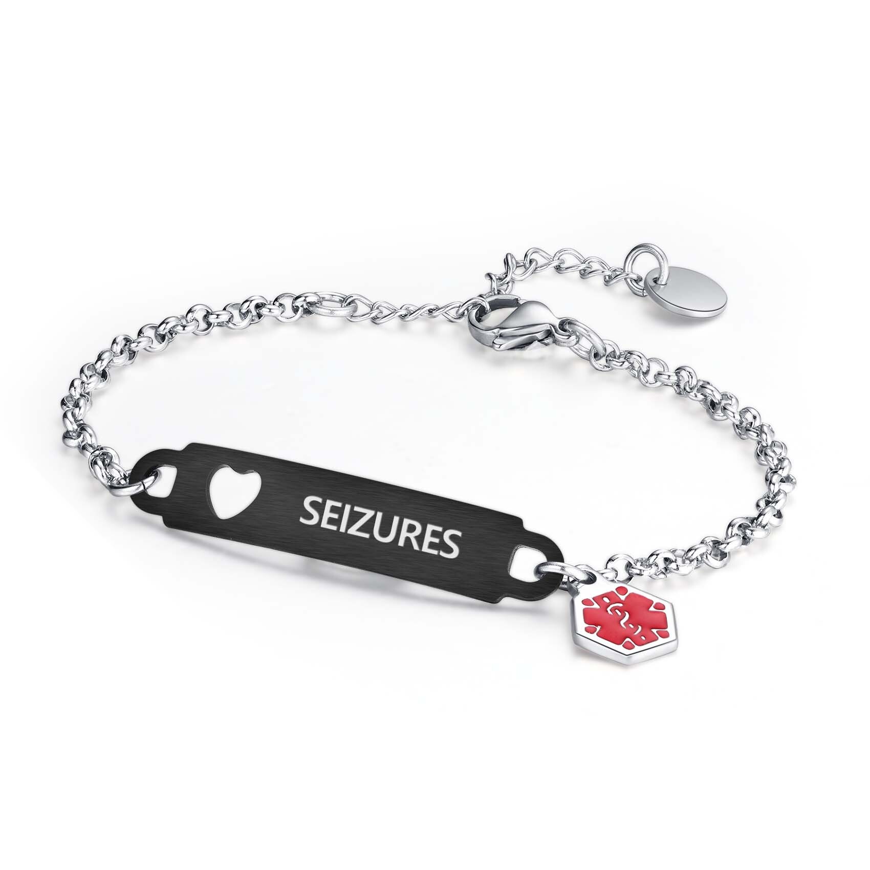 A silver medical alert bracelet with a black rectangular ID plate engraved with the word "SEIZURES" in white capital letters. The plate features a small heart-shaped cutout on the left side and is attached to a silver chain with a lobster claw clasp and an extender chain ending in an oval tag. A red and silver hexagonal charm with a medical alert symbol is connected to the plate, emphasizing its purpose. The bracelet is displayed against a clean white background.