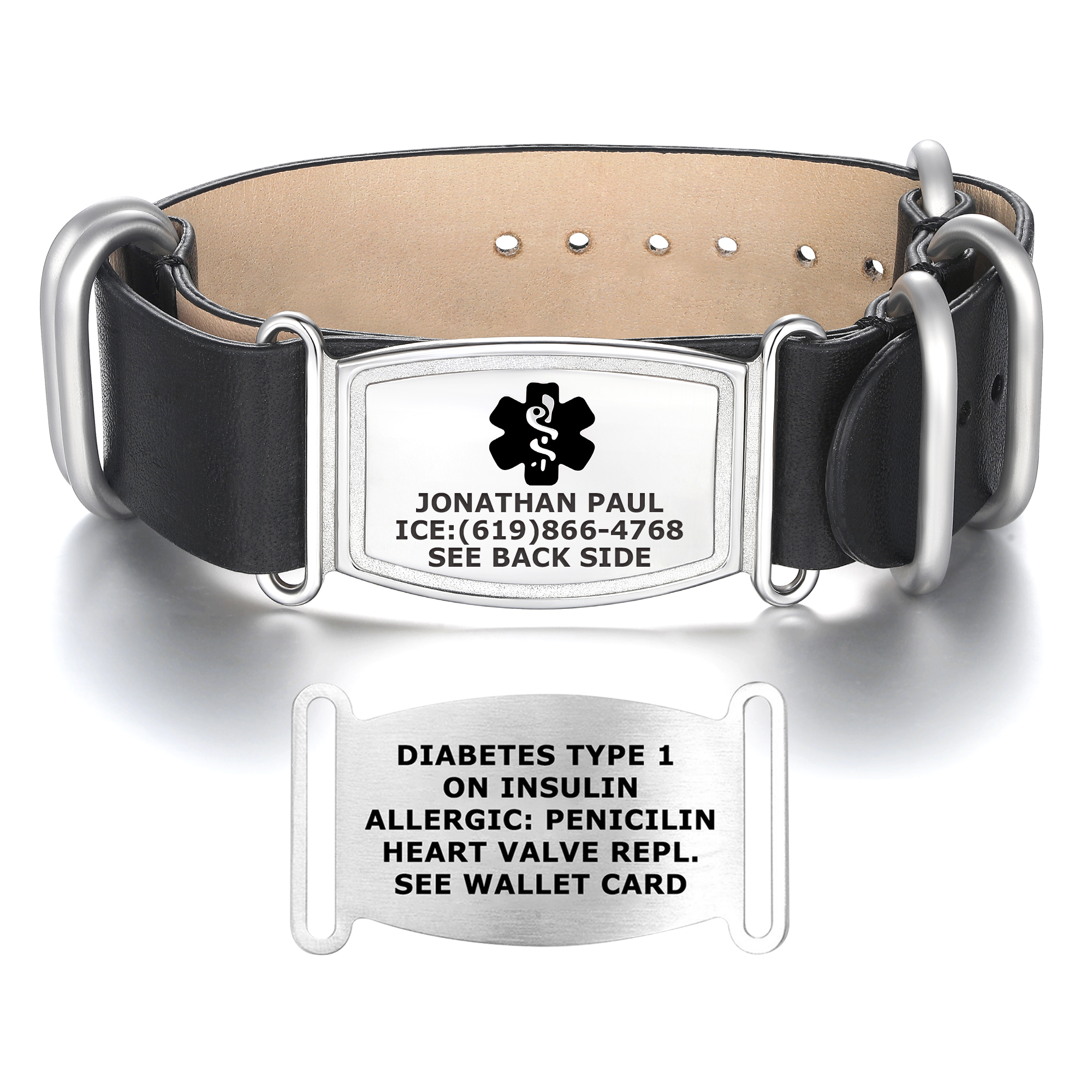 A black leather medical alert bracelet with a silver rectangular ID tag featuring a black Star of Life symbol. The tag is engraved with "JONATHAN PAUL," "ICE: (619)866-4768," and "SEE BACK SIDE." Below the bracelet, a separate silver tag is displayed, engraved with medical details: "DIABETES TYPE 1," "ON INSULIN," "ALLERGIC: PENICILLIN," "HEART VALVE REPL.," and "SEE WALLET CARD." The bracelet has adjustable holes and silver hardware, set against a reflective white background.