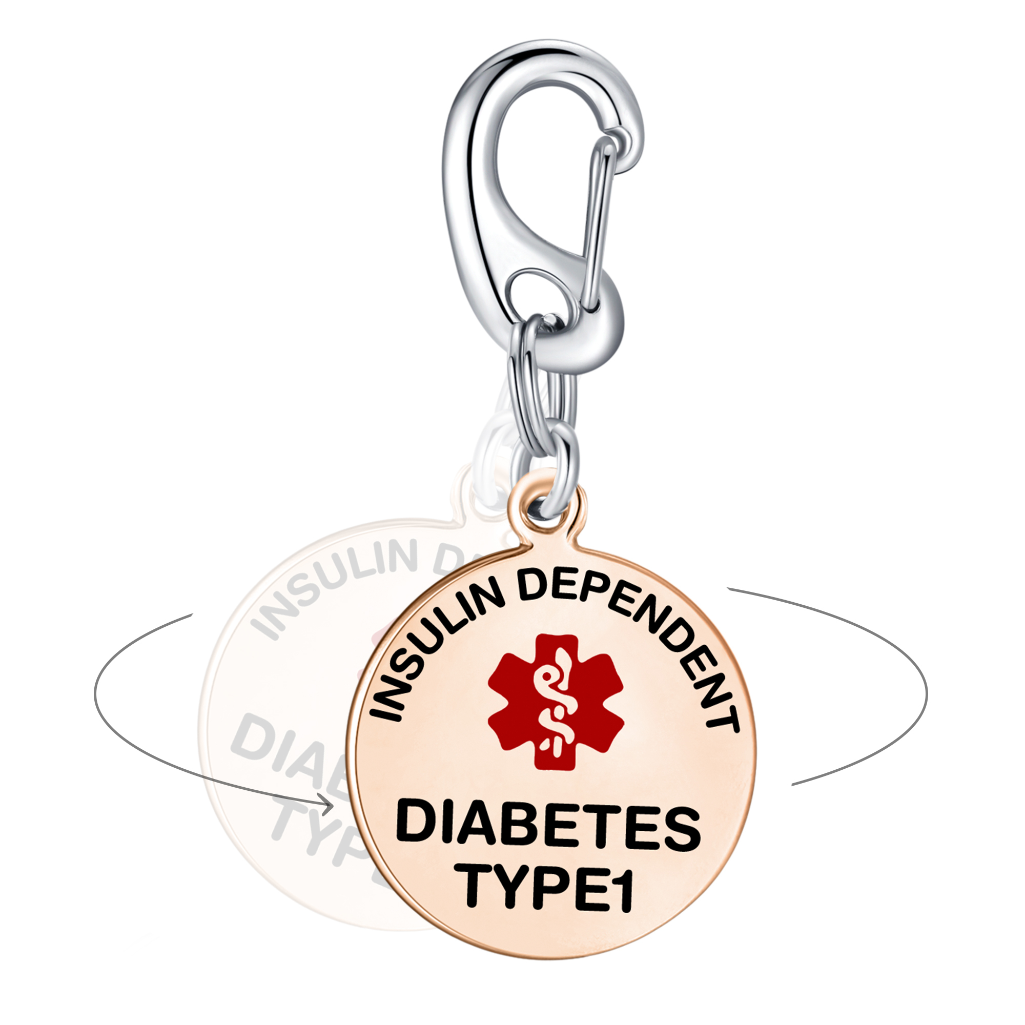 Medical alert charm with 'Insulin Dependent Diabetes Type 1' text, featuring a red Star of Life symbol, attached to a carabiner clip for easy attachment to keys or bags.
