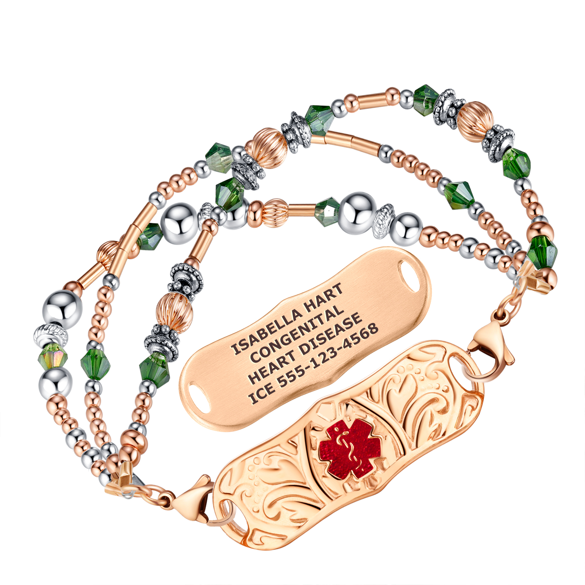 A multi-strand medical alert bracelet featuring a mix of rose gold and silver metallic beads, vibrant green faceted crystals, and decorative textured spacers. The bracelet includes two rose gold tags: a decorative tag with intricate floral engravings and a red Star of Life medical symbol, and a smooth tag engraved with "CARDIOMYOPATHY, A-FIB ON AMIODARONE, PACEMAKER, ICE (858) 240-1389." The bracelet is secured with rose gold lobster claw clasps and is displayed against a clean white background.