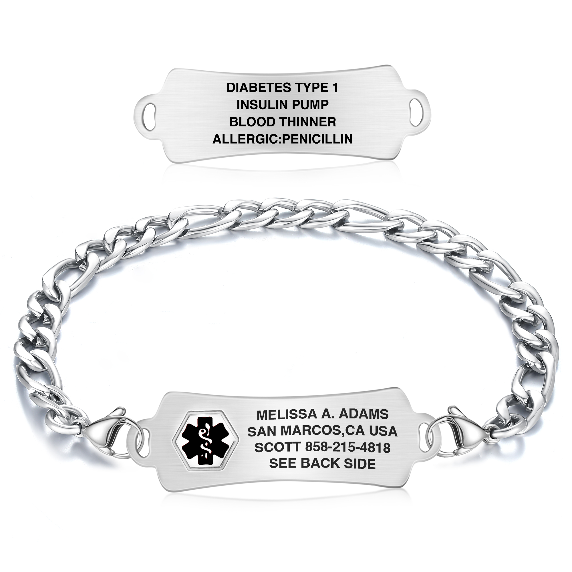 Medical alert bracelet with a central tag engraved with personal details on the front and medical conditions like Type 1 Diabetes and allergies on the back.