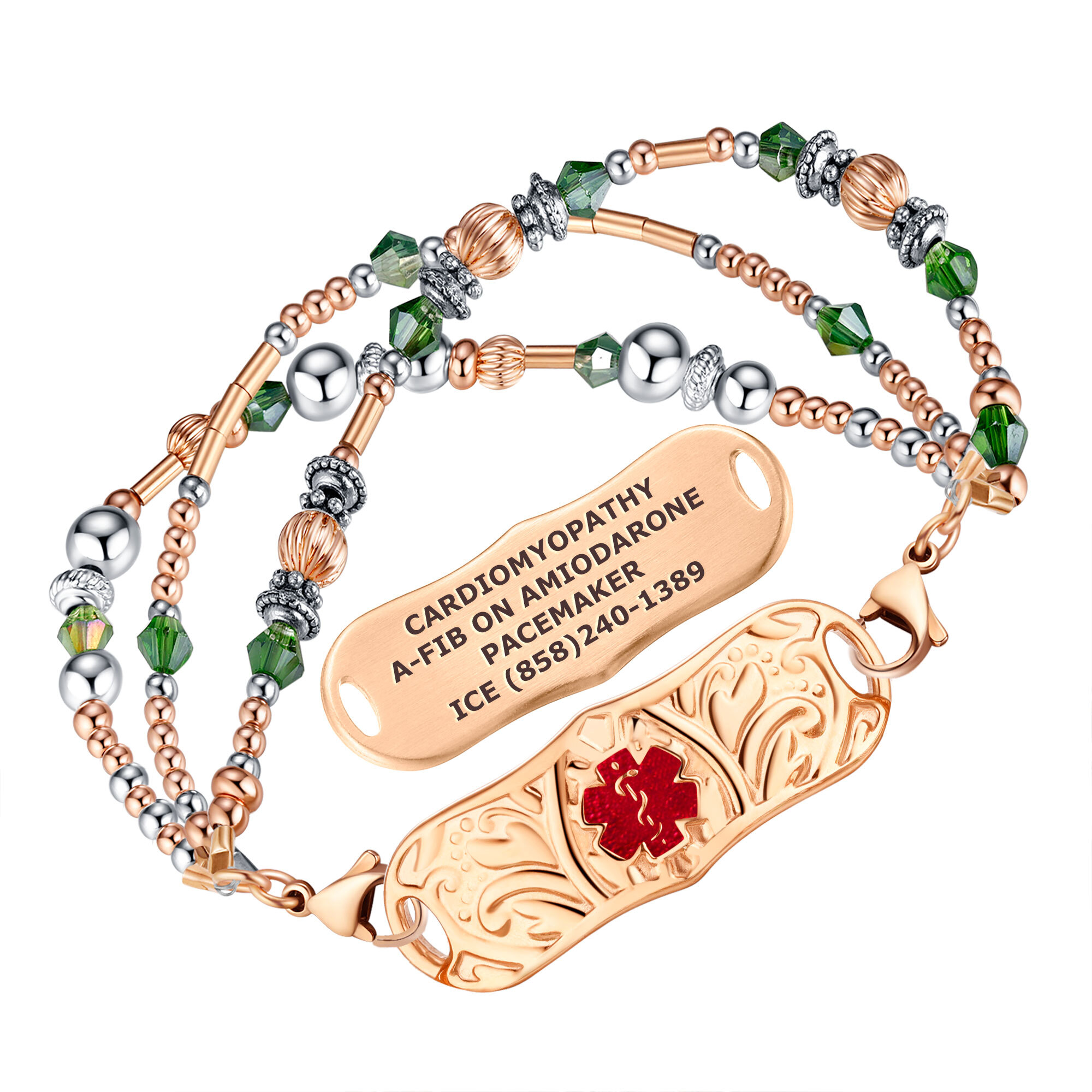 A multi-strand medical alert bracelet featuring a mix of rose gold and silver metallic beads, vibrant green faceted crystals, and decorative textured spacers. The bracelet includes two rose gold tags: a decorative tag with intricate floral engravings and a red Star of Life medical symbol, and a smooth tag engraved with "CARDIOMYOPATHY, A-FIB ON AMIODARONE, PACEMAKER, ICE (858) 240-1389." The bracelet is secured with rose gold lobster claw clasps and is displayed against a clean white background.