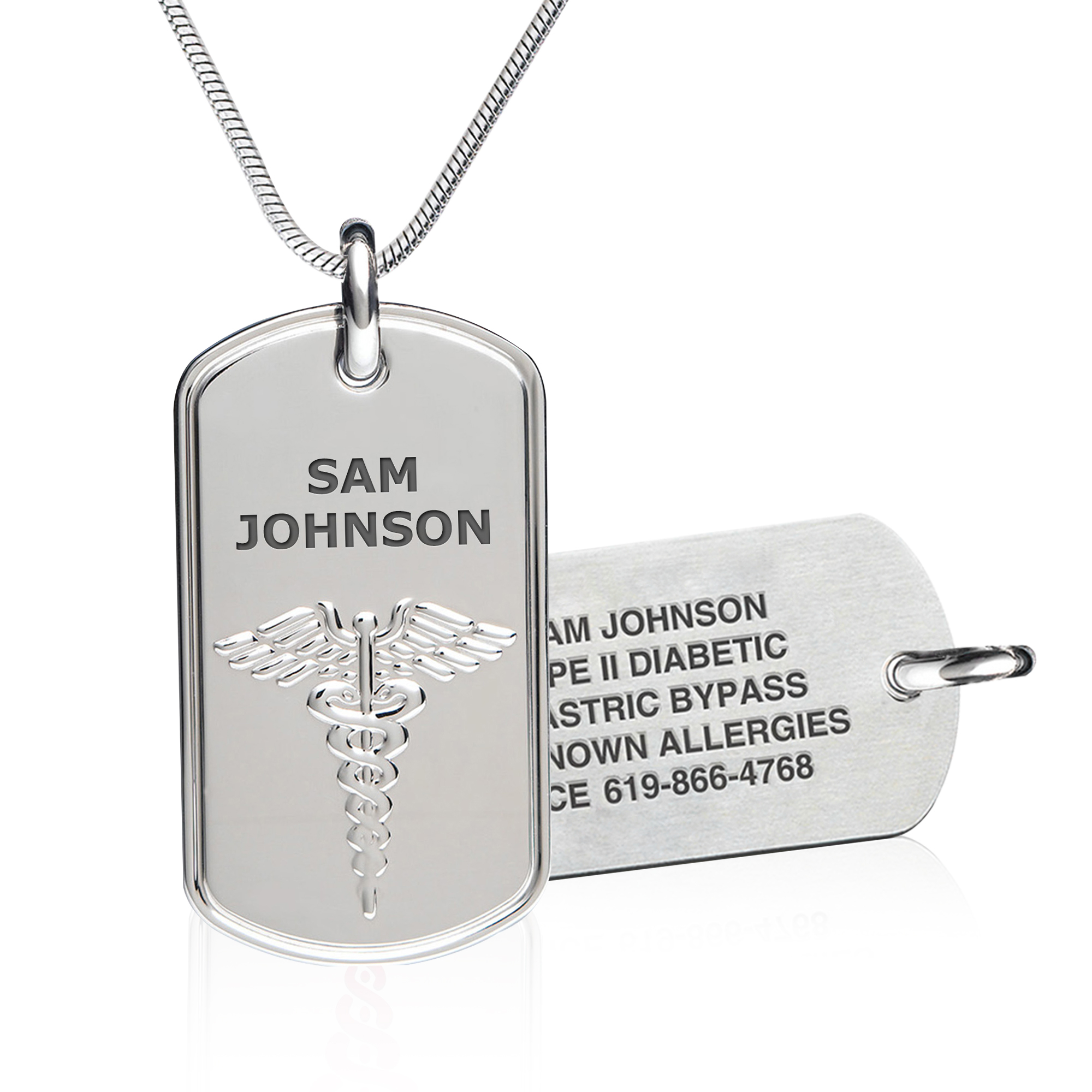 A silver medical alert dog tag necklace displayed on a white background with a subtle reflection. The front tag features the engraved name "SAM JOHNSON" and a raised Caduceus symbol, representing medical alert. Behind it, a second tag is partially visible, engraved with medical details: "SAM JOHNSON," "PE II DIABETIC," "GASTRIC BYPASS," "UNKNOWN ALLERGIES," and "ICE 619-866-4768." The tags are attached to a sleek silver snake chain.