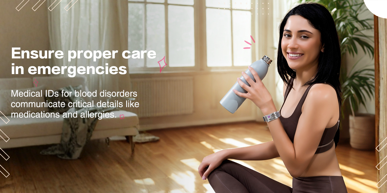 A silver medical alert bracelet with a multi-colored woven strap and a red medical alert symbol. The tag displays the wearer's name, medical conditions, and emergency contact details, with additional information on a separate tag.