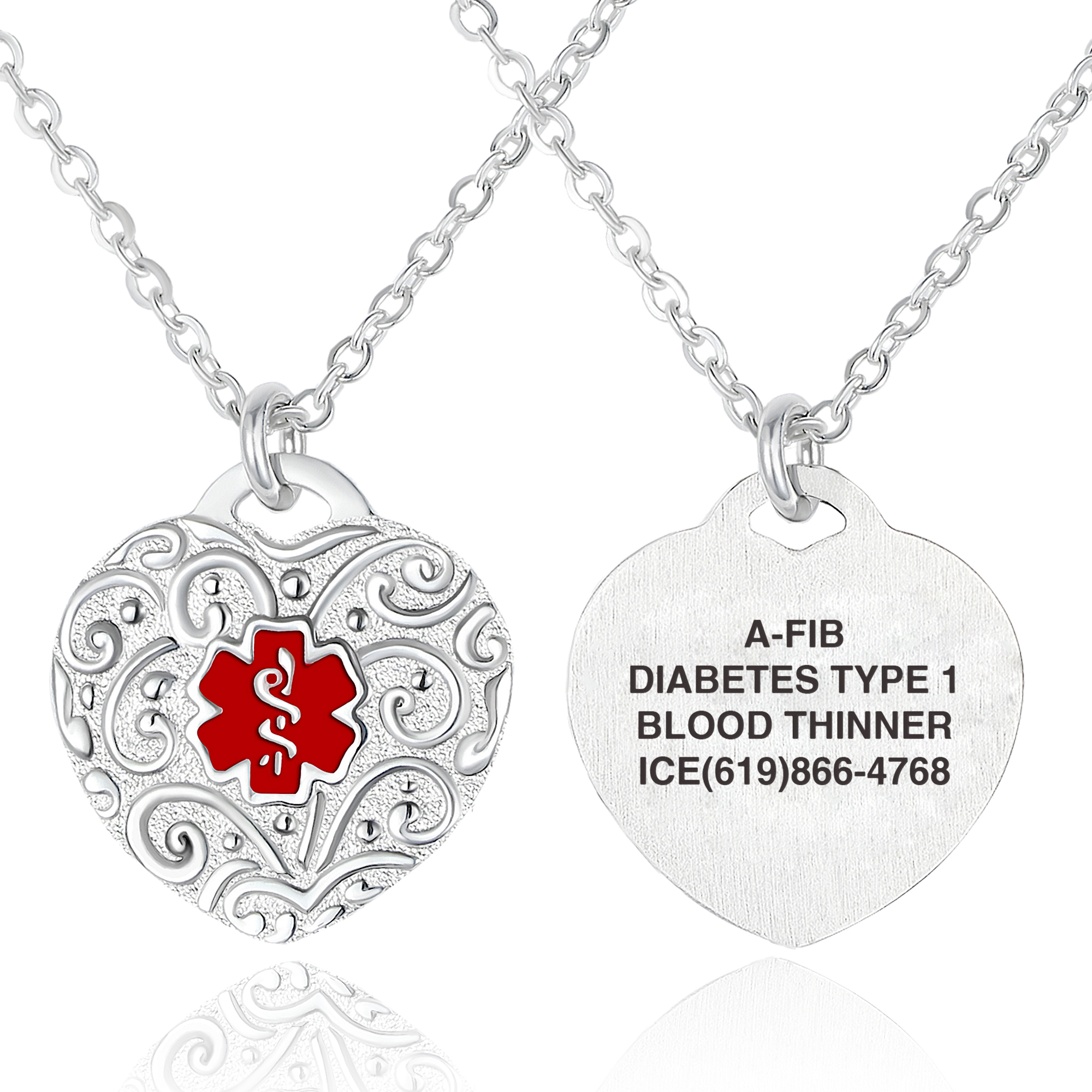 Medical ID - Filigree Heart Medical ID Necklace with Cable Chain
