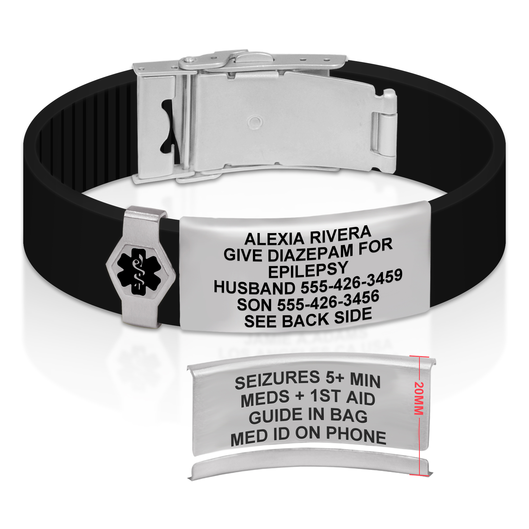 A sleek black silicone medical alert bracelet with a polished silver metal clasp and a central identification plate engraved with medical and emergency contact details. The bracelet features a ribbed texture and a hexagonal medical alert symbol on the band. Below the bracelet, a separate view of the back of the ID plate is displayed, showing additional engraved medical instructions. A red measurement line indicates the plate's height as 20mm. The engraving includes the name "Alexia Rivera," epilepsy-related instructions, emergency contacts, and further details for responders.
