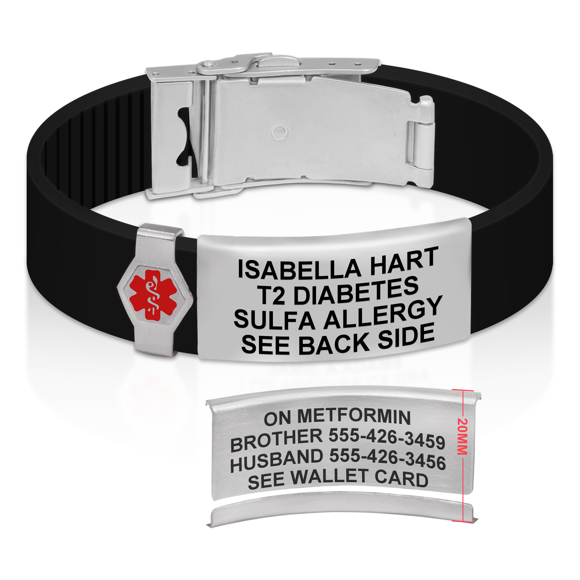 A black silicone medical alert bracelet with a ribbed inner texture and a silver-colored metal clasp is displayed. The bracelet features a central silver medical alert tag engraved with the name 'ISABELLA HART,' medical conditions 'T2 DIABETES' and 'SULFA ALLERGY,' and the instruction 'SEE BACK SIDE.' A smaller hexagonal emblem with a red 'Star of Life' symbol is positioned on the band. Below the bracelet, a separate view of the back of the tag shows additional engraved details: 'ON METFORMIN,' emergency contact numbers for a brother and husband, and the instruction 'SEE WALLET CARD.' A red vertical line on the back indicates a measurement of '20MM,' denoting the tag's height. The image highlights the bracelet's functionality as a medical alert accessory.