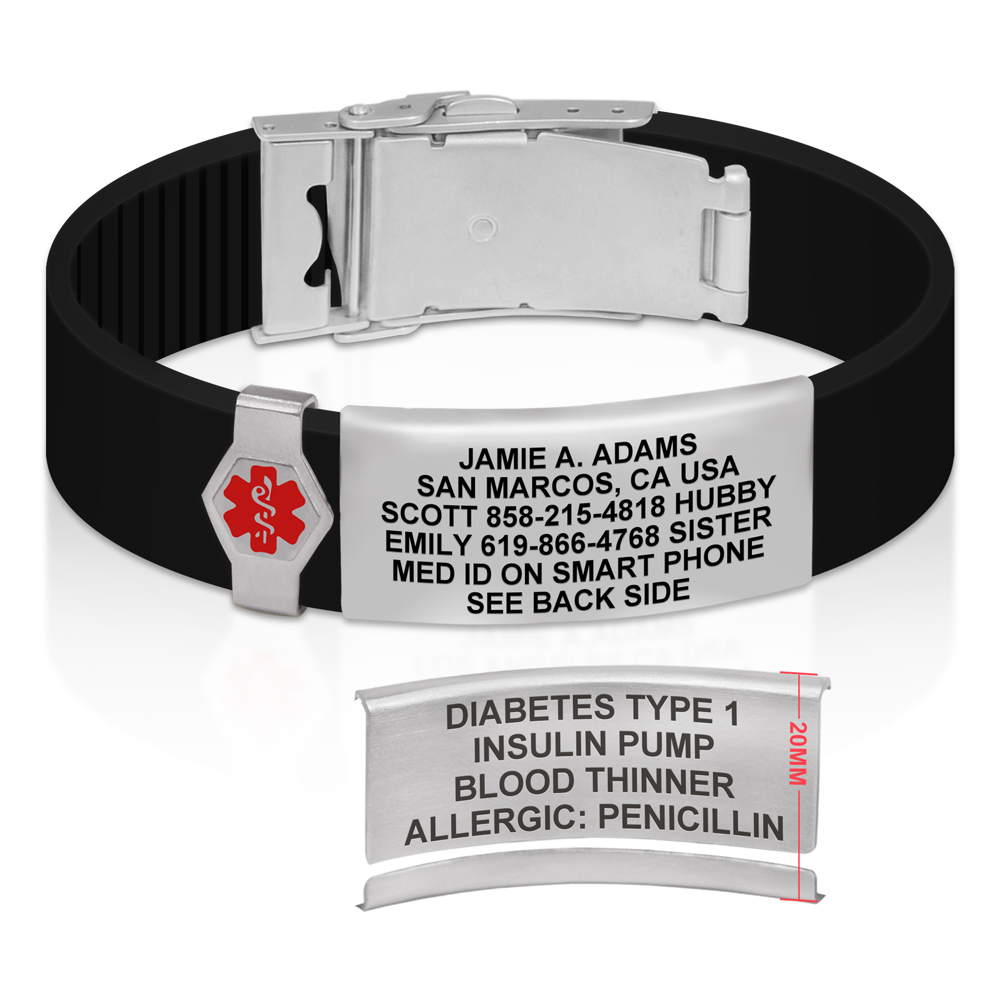 A black silicone medical alert bracelet featuring a silver ID plate engraved with personal details, emergency contacts, and a directive to check a smartphone for more medical information. The bracelet includes a polished silver clasp and a red Star of Life emblem on a hexagonal charm. Below the bracelet, the reverse side of the ID plate is displayed, engraved with critical medical details such as "DIABETES TYPE 1," "INSULIN PUMP," "BLOOD THINNER," and "ALLERGIC: PENICILLIN," along with a "20MM" size indicator. The bracelet is set against a clean white background.