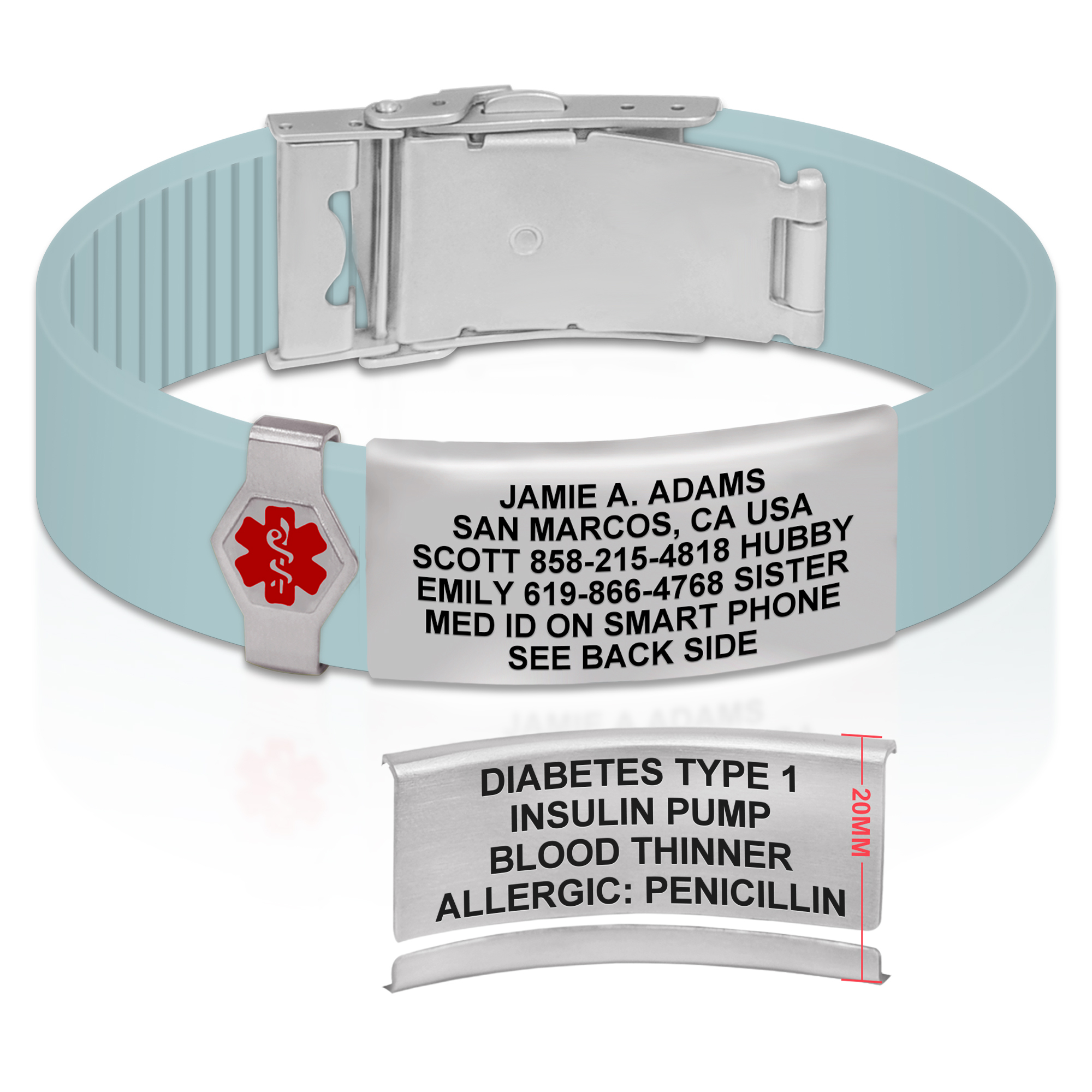Light blue silicone medical alert bracelet with a silver ID tag engraved with emergency contacts and medical conditions, including Type 1 Diabetes and allergies.