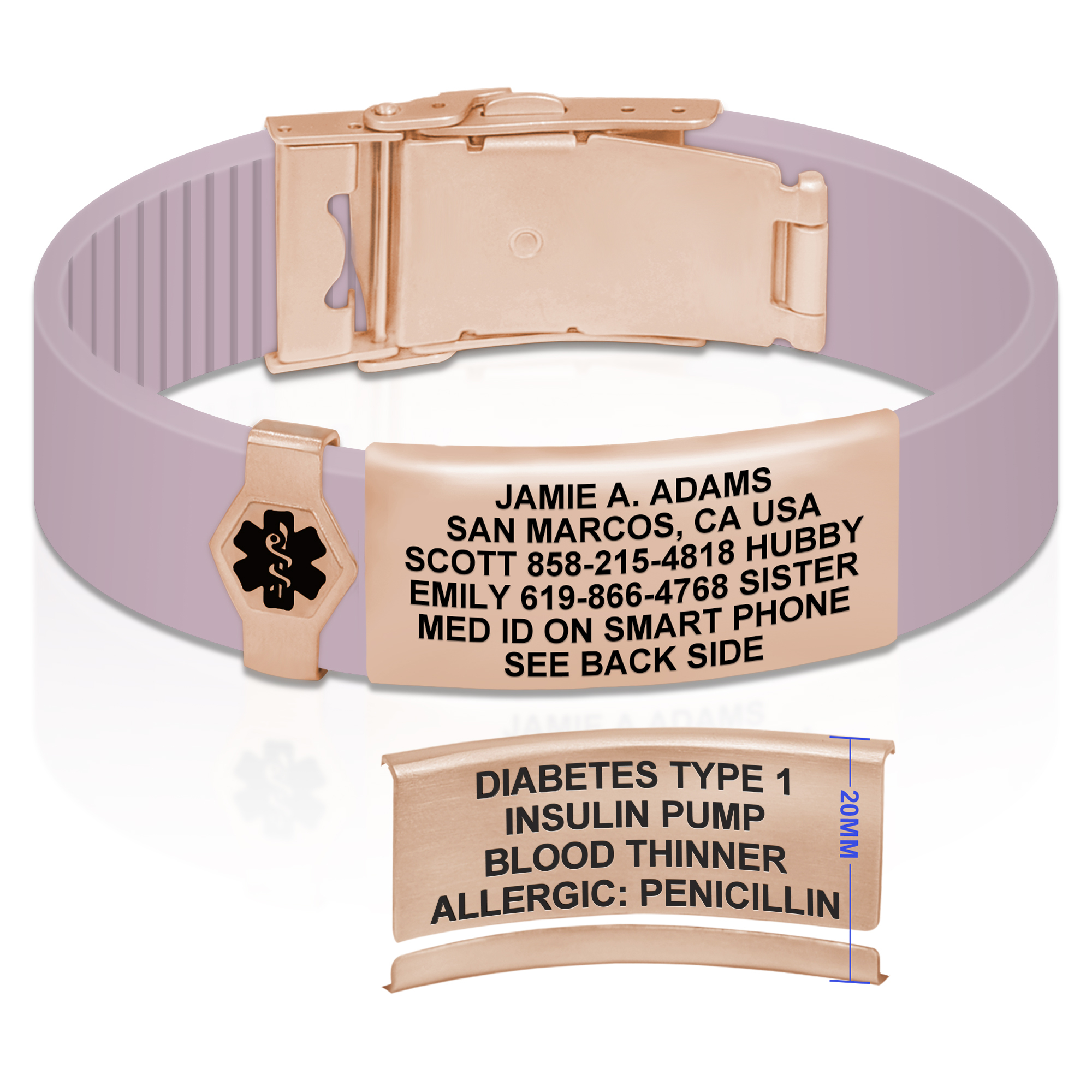 Rose gold and lilac medical alert bracelet with a personalized ID tag engraved with emergency contacts and medical conditions, featuring a Star of Life symbol.