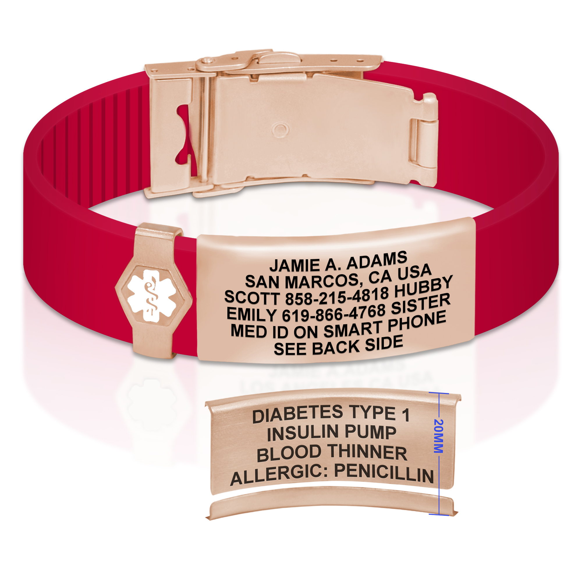 A red silicone medical alert bracelet featuring a rose gold ID plate engraved with personal and medical information. The bracelet includes a white Star of Life symbol on a rose gold hexagonal piece, emergency contact details on the front, and critical medical conditions like Diabetes Type 1 and Penicillin allergy on the back. The bracelet is displayed on a white background with a subtle reflection, showcasing its functional and stylish design.