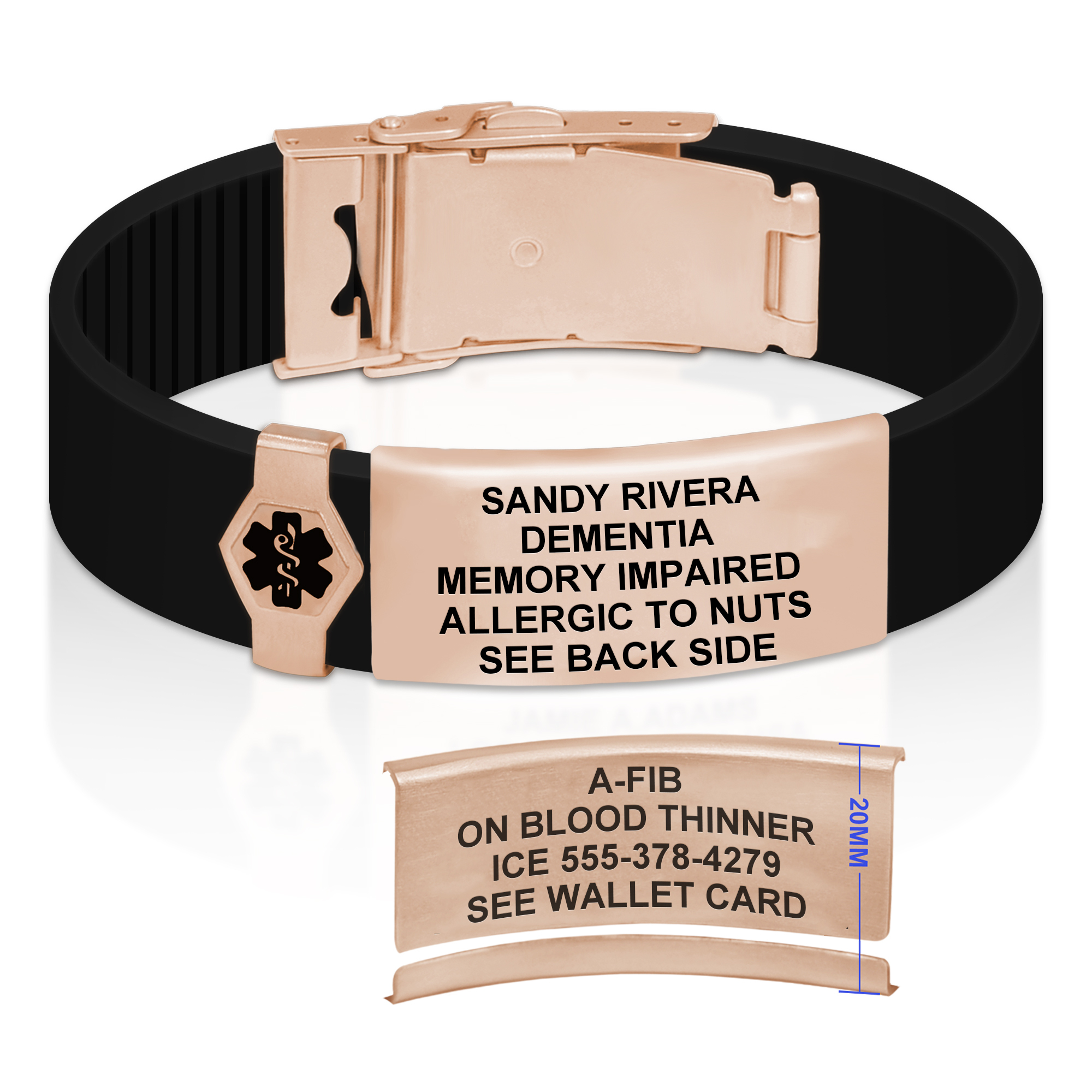 Rose gold and black medical alert bracelet displayed on a white background, featuring a ribbed black silicone band and a rose gold ID plate. The plate is engraved with 'SANDY RIVERA, DEMENTIA, MEMORY IMPAIRED, ALLERGIC TO NUTS, SEE BACK SIDE,' alongside a black Star of Life emblem. Below, a separate view of the back of the plate shows 'A-FIB, ON BLOOD THINNER, ICE 555-378-4279, SEE WALLET CARD,' with a 20MM height measurement. The design combines elegance with essential medical functionality.