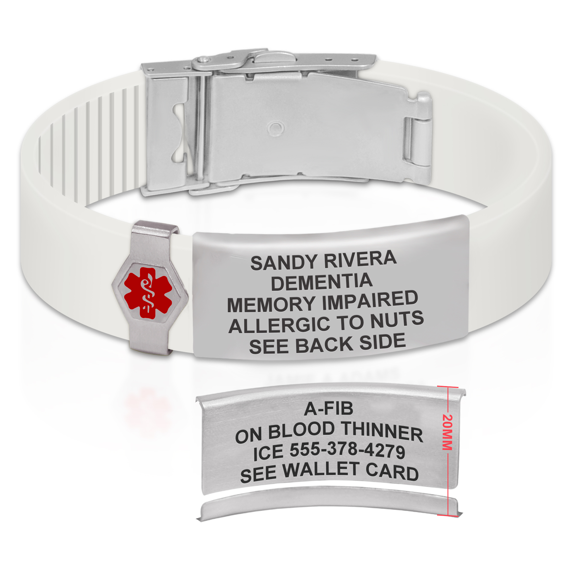 White medical alert bracelet with a silver identification plate displayed on a white background. The bracelet features a flexible white band, a silver deployant clasp, and a red Star of Life medical symbol on the left of the plate. The front of the plate is engraved with 'SANDY RIVERA, DEMENTIA, MEMORY IMPAIRED, ALLERGIC TO NUTS, SEE BACK SIDE.' Below, a separate view of the back of the plate shows 'A-FIB, ON BLOOD THINNER, ICE 555-378-4279, SEE WALLET CARD,' along with a 20MM height measurement. The design emphasizes functionality and critical medical information.