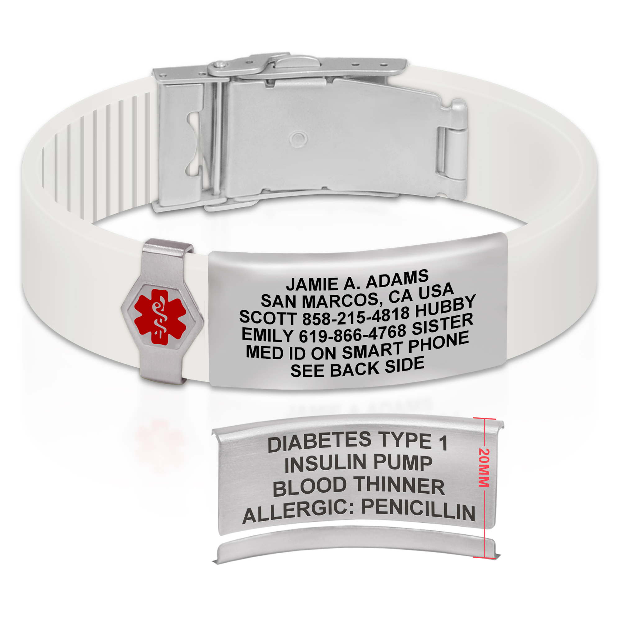 A white silicone medical alert bracelet featuring a silver ID tag engraved with personal details, emergency contacts, and a note to check a smartphone for additional medical information. The bracelet includes a red Star of Life symbol in a silver hexagonal frame and a polished silver butterfly clasp. Below the bracelet, a close-up of the back of the ID tag is displayed, engraved with medical details such as "DIABETES TYPE 1," "INSULIN PUMP," "BLOOD THINNER," and "ALLERGIC: PENICILLIN," along with a "20MM" size indicator. The items are set against a clean white background.