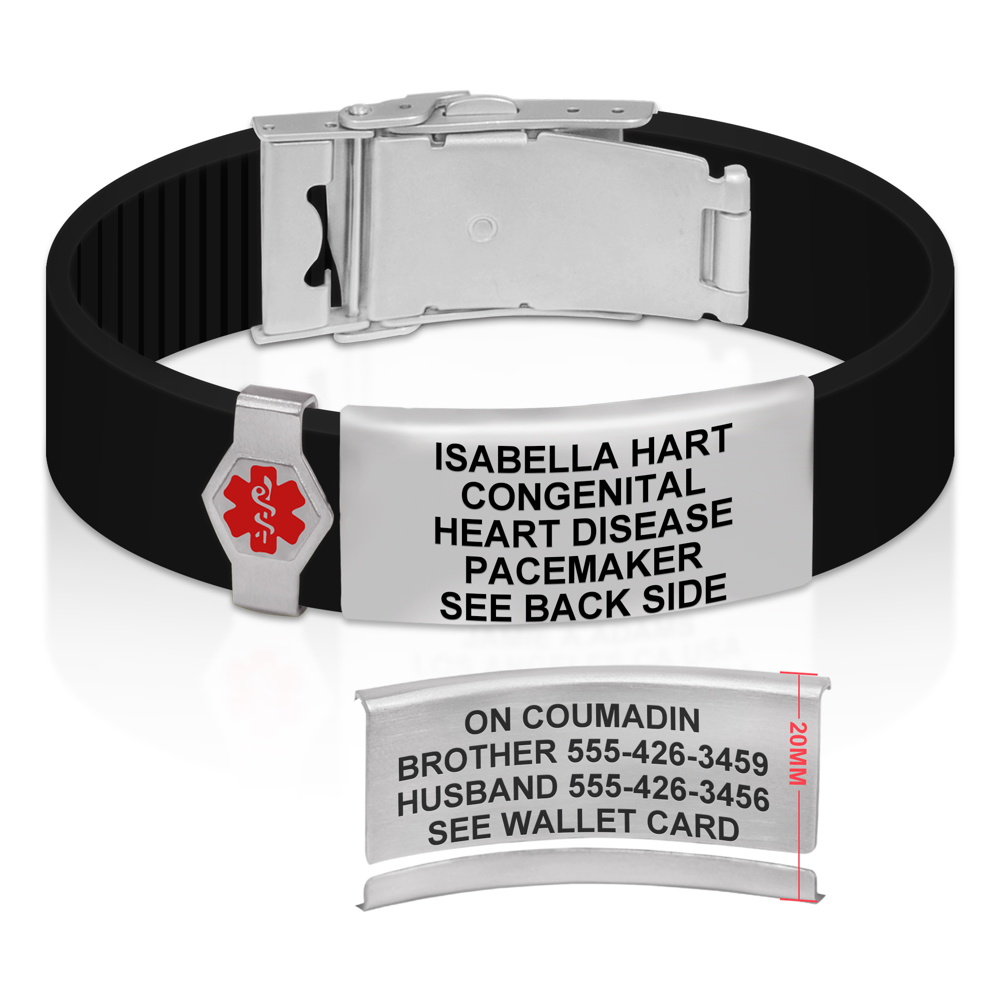 A black medical alert bracelet with a silver rectangular ID plate, displayed against a white background. The front of the plate features a red medical caduceus symbol and engraved text with the wearer's name, medical conditions, and a note to "See Back Side." The back plate, shown separately, includes additional medical details, emergency contact numbers, and a "See Wallet Card" instruction. The bracelet has a ribbed black band, a polished silver clasp, and a durable, professional design. A red dimension marker indicates the plate's height as 20mm.
