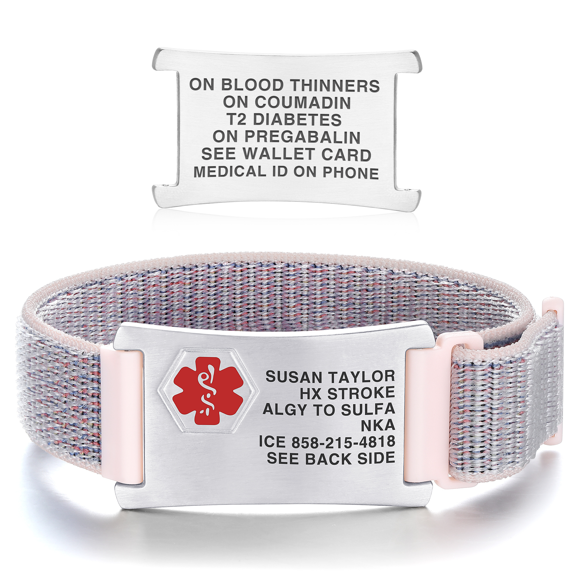 A medical alert bracelet with a multi-colored woven strap and a brushed silver ID plate displaying the wearer's name, "SUSAN TAYLOR," medical history, and emergency contact details. A separate plate lists additional medical conditions, including "ON BLOOD THINNERS" and "T2 DIABETES."