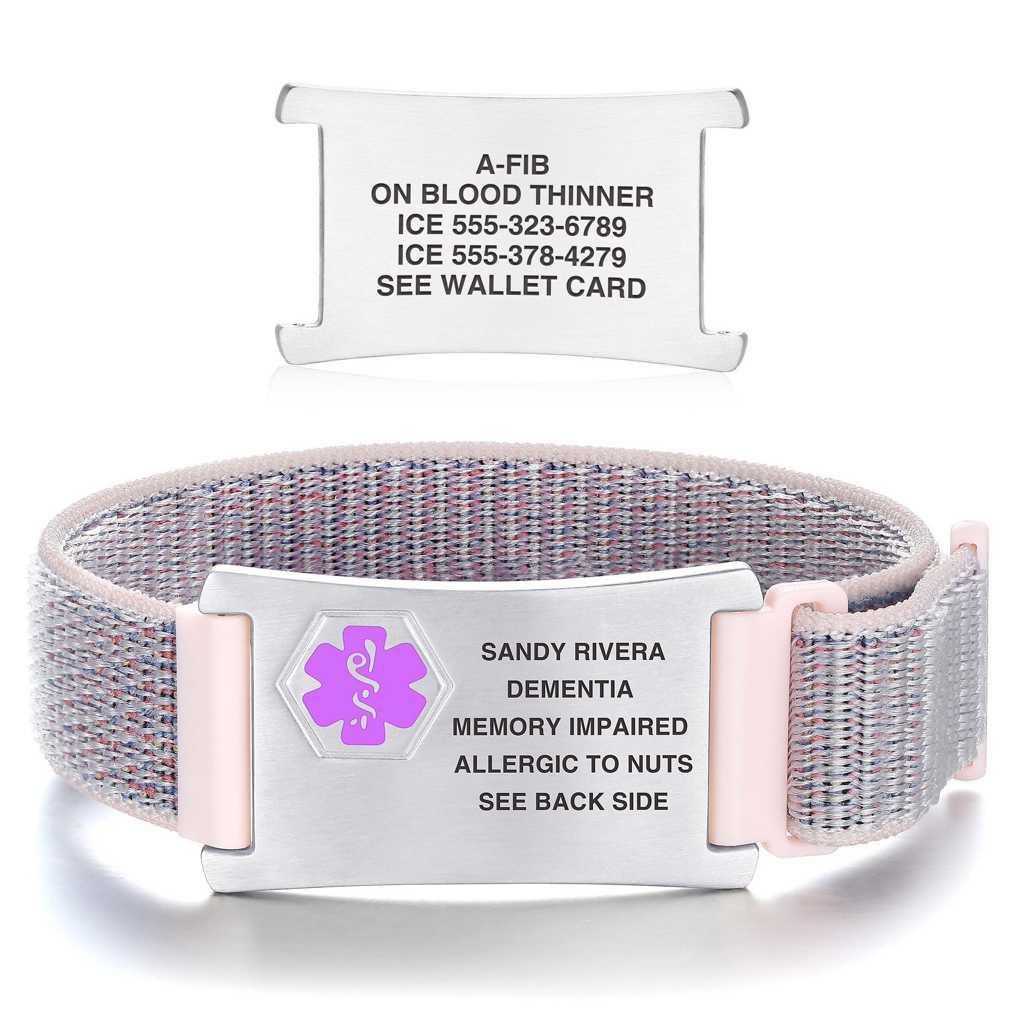 Medical alert bracelet with a multi-colored woven fabric strap and a silver metal tag, displayed on a white background. The bracelet features pale pink connectors and a central tag engraved with 'SANDY RIVERA, DEMENTIA, MEMORY IMPAIRED, ALLERGIC TO NUTS, SEE BACK SIDE,' alongside a purple medical symbol. Above the bracelet, a separate silver tag is shown, engraved with 'A-FIB, ON BLOOD THINNER, ICE 555-323-6789, ICE 555-378-4279, SEE WALLET CARD.' The design combines functionality with a colorful, wearable style.
