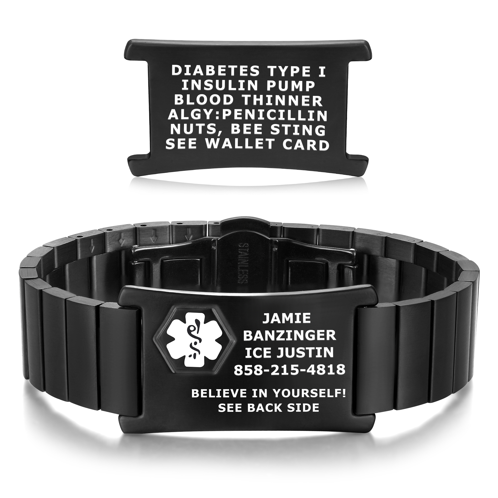 stainless steel medical alert bracelet with engraved health details on the back, emergency contact info on the front, and a motivational phrase 'Believe in Yourself!