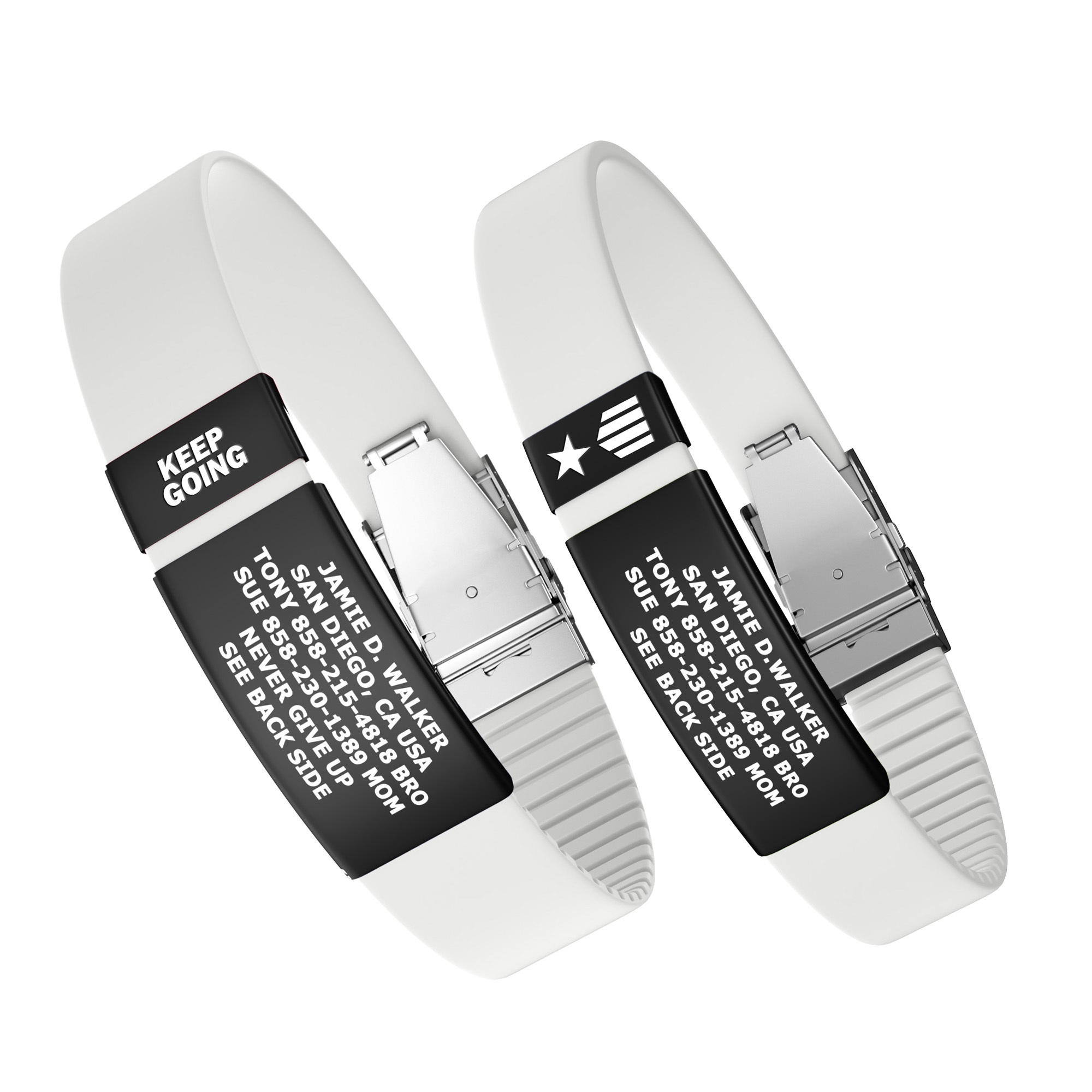 Set of white silicone medical alert wristbands with black ID panels displaying emergency contacts, personal details, and motivational phrases like 'Keep Going.