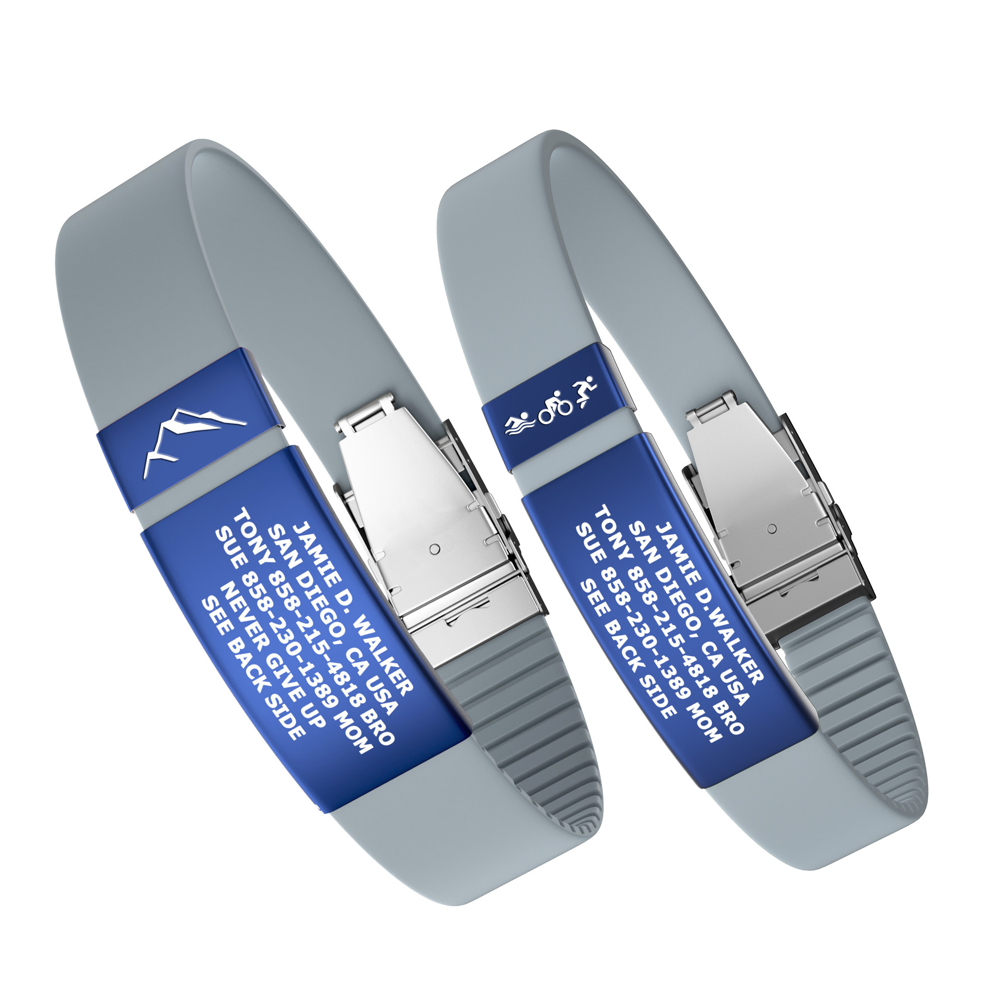 Set of gray silicone wristbands with blue ID plates featuring personal details, emergency contacts, and motivational icons like mountains and triathlon symbols.