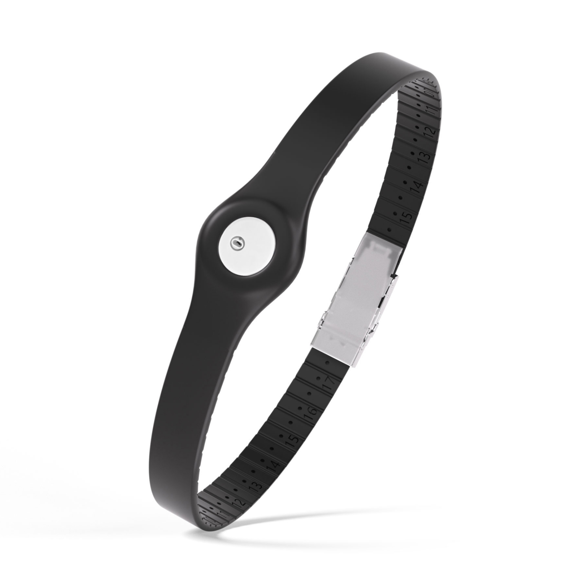 A sleek black fitness tracker with a central glossy white circular sensor featuring a metallic button. The band has an adjustable clasp with numerical markings (10-17) and small raised dots for sizing. Made of a flexible material, the tracker is designed for comfort and functionality, set against a plain white background.
