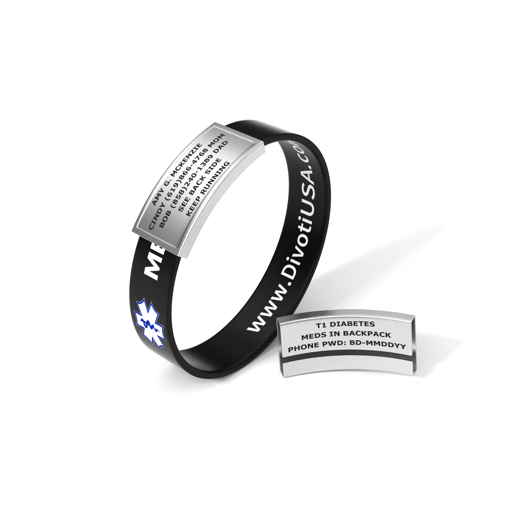 Black silicone medical alert bracelet with a silver ID tag engraved with emergency contacts and motivational text, paired with a separate tag for medical details like T1 Diabetes.
