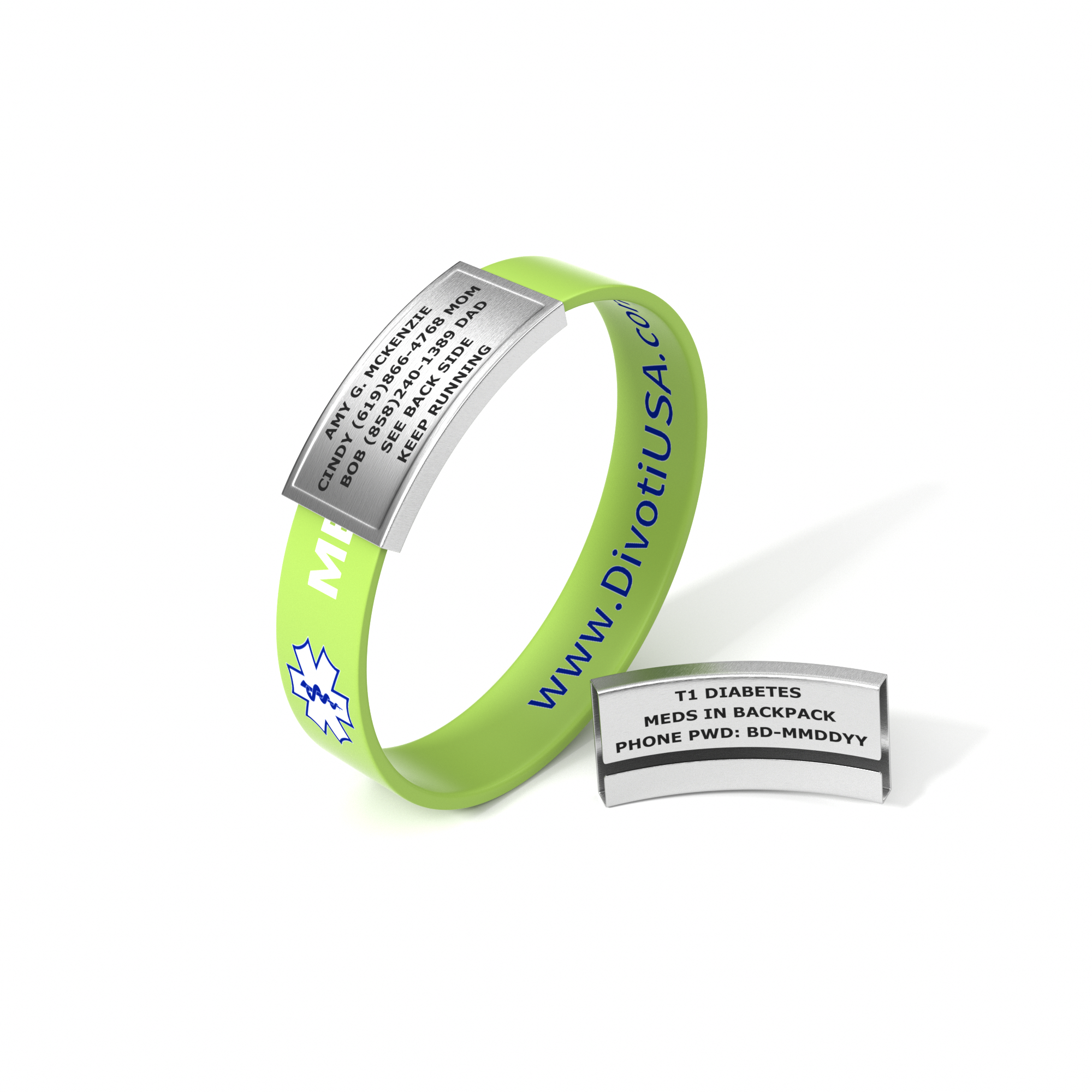 Bright green silicone medical alert bracelet with a silver ID tag engraved with emergency contacts and motivational text, accompanied by a separate tag for medical details.