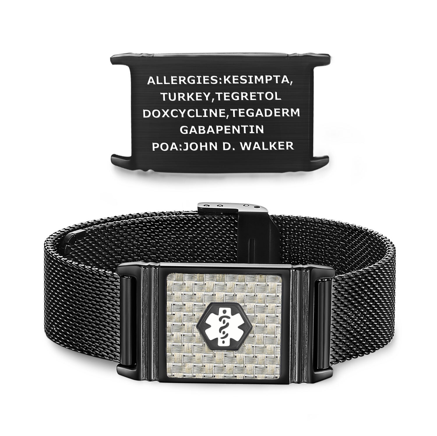 Black mesh medical alert bracelet with a decorative central plate featuring a white medical symbol, paired with a personalized tag listing allergies and emergency contacts.