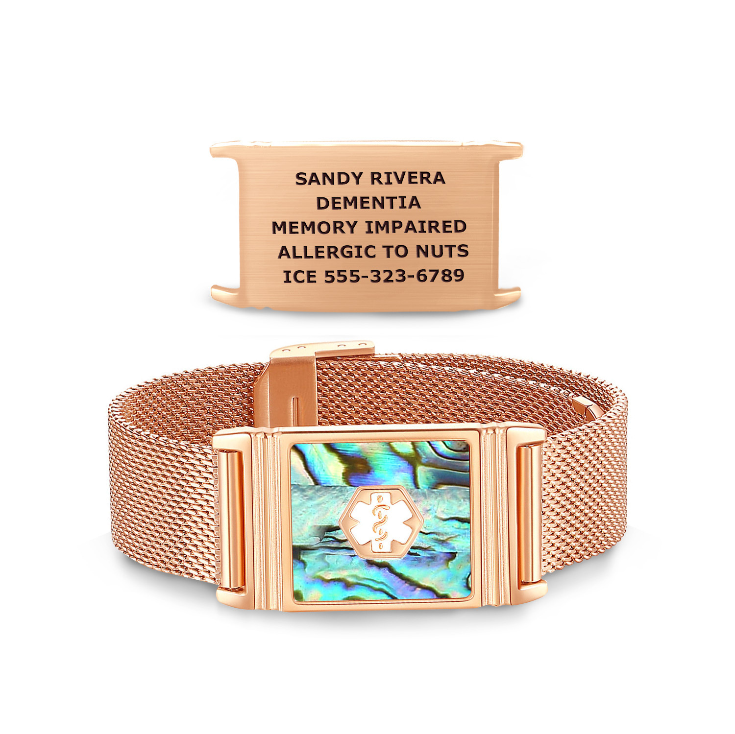 Rose gold medical alert bracelet displayed on a white background, featuring two components. The top shows a rectangular rose gold tag engraved with 'SANDY RIVERA, DEMENTIA, MEMORY IMPAIRED, ALLERGIC TO NUTS, ICE 555-323-6789.' Below, the bracelet features a fine mesh band and a rectangular centerpiece with an iridescent inlay of swirling blues, greens, and purples, resembling abalone shell. A white medical caduceus symbol is centered on the inlay, outlined in rose gold. The design blends elegance with essential medical functionality.