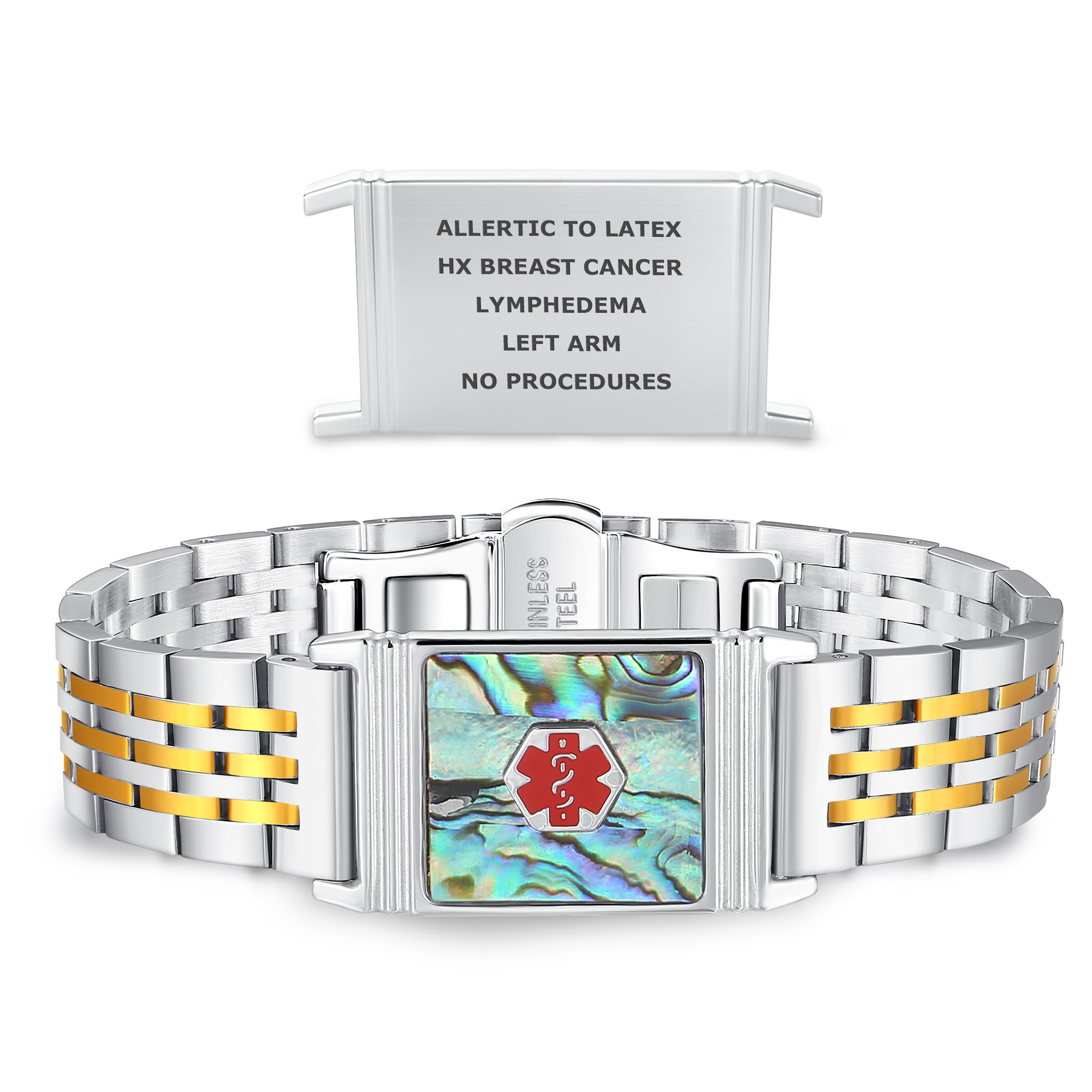 A stylish two-tone medical alert bracelet with alternating silver and gold links, featuring a central rectangular face with an iridescent abalone shell-like design. The face includes a prominent red medical alert symbol with a white Staff of Asclepius. Above the bracelet, a separate silver plaque is displayed, engraved with medical details: 'ALLERTIC TO LATEX,' 'HX BREAST CANCER,' 'LYMPHEDEMA,' 'LEFT ARM,' and 'NO PROCEDURES.' The bracelet clasp is inscribed with 'STAINLESS STEEL,' highlighting its durable and hypoallergenic material.