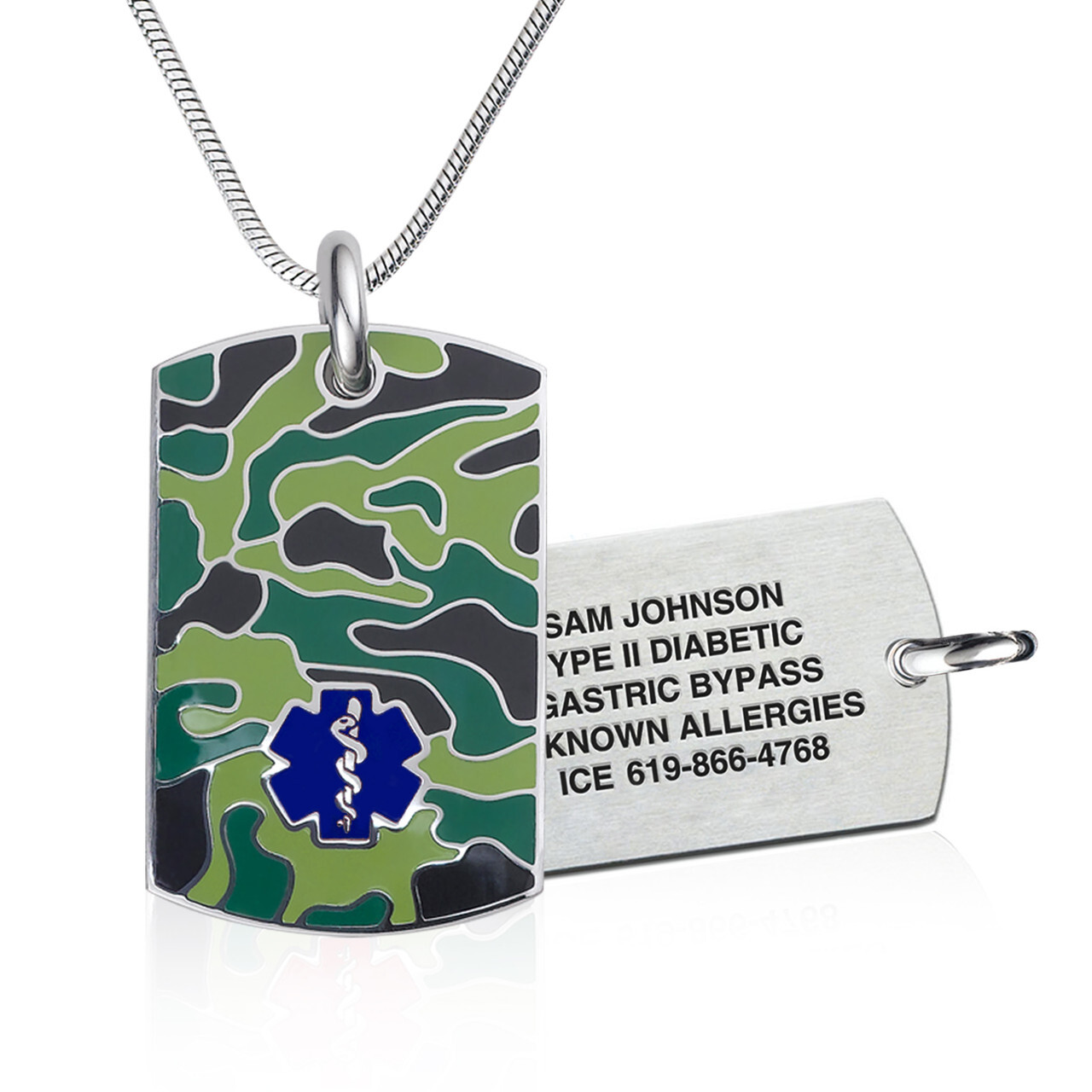 Medical alert dog tag necklace with a green camouflage pattern, featuring a blue Star of Life symbol and engraved health details on the back.