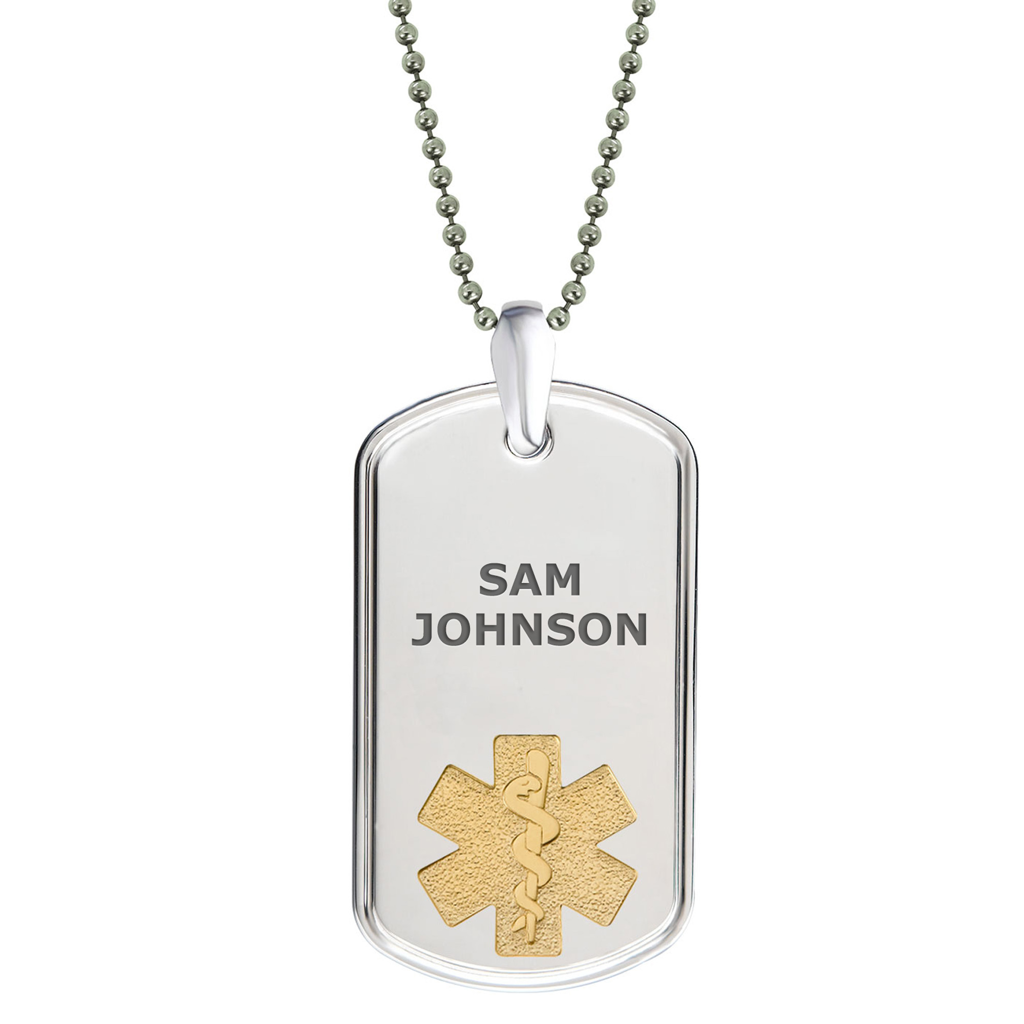 Dog tag necklace engraved with the name 'Sam Johnson,' featuring a gold Star of Life symbol for emergency medical identification.
