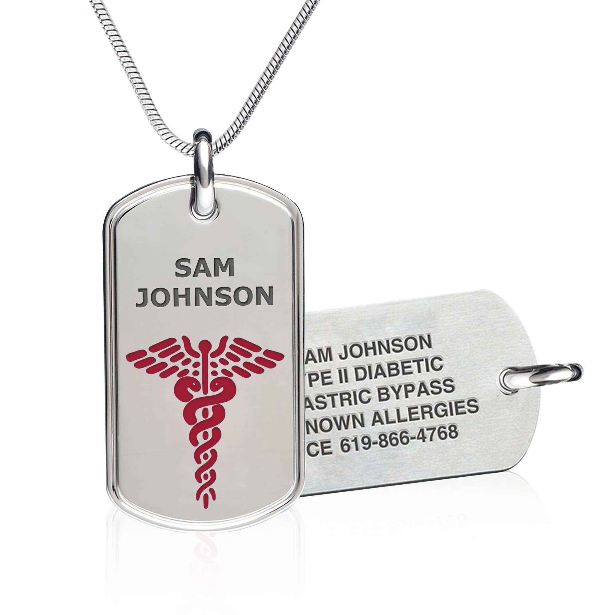 A silver medical alert necklace featuring two dog-tag style pendants on a polished snake chain. The front tag displays the engraved name "SAM JOHNSON" in dark text and a red Caduceus medical symbol below. The back tag, angled behind, is engraved with medical details including "TYPE II DIABETIC," "GASTRIC BYPASS," "KNOWN ALLERGIES," and an emergency contact number "ICE 619-866-4768." The necklace is set against a clean white background with subtle reflections.