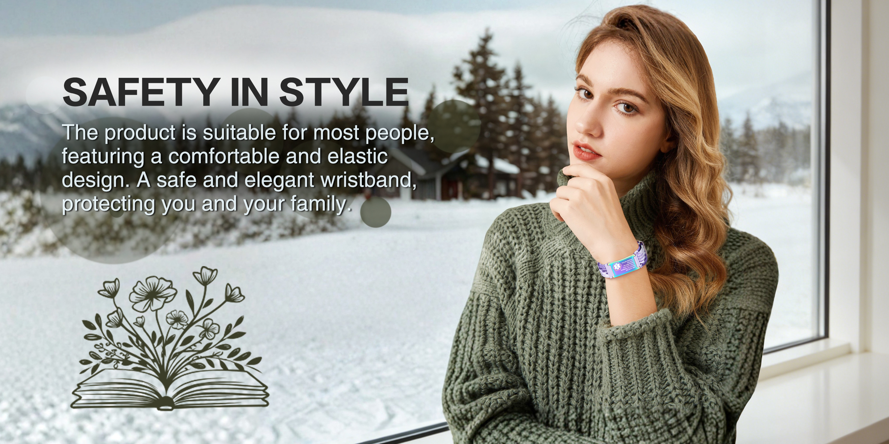 A young woman in a cozy knit sweater, showcasing a colorful wristband with a metallic plate, set against a snowy winter landscape with the text 'Safety in Style.