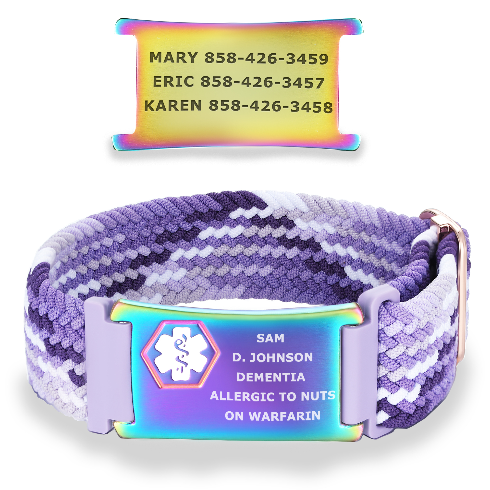 A medical alert bracelet with a braided band in shades of purple, gray, and white, featuring an iridescent metal tag. The tag displays a white Star of Life medical symbol and engraved text: "SAM D. JOHNSON," "DEMENTIA," "ALLERGIC TO NUTS," and "ON WARFARIN." Above the bracelet, a separate iridescent metal tag is shown, engraved with emergency contact names and phone numbers. Both items have a shimmering rainbow finish, combining functionality with a modern design.
