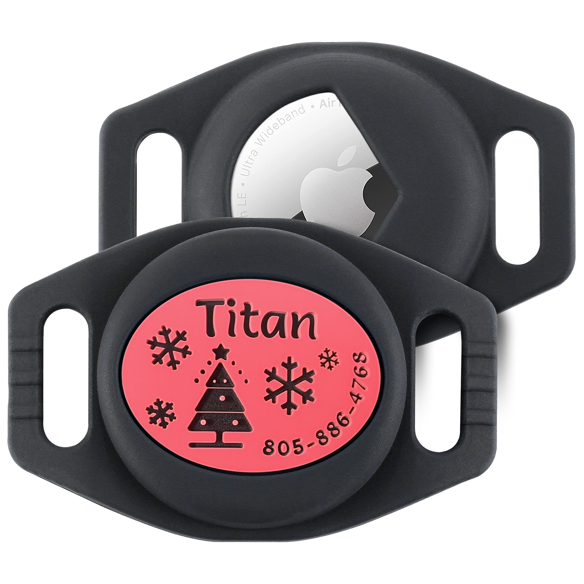 Dark gray silicone pet tag holder featuring a red oval tag with the name 'Titan,' a phone number, and festive decorations like a Christmas tree and snowflakes, paired with an Apple AirTag.