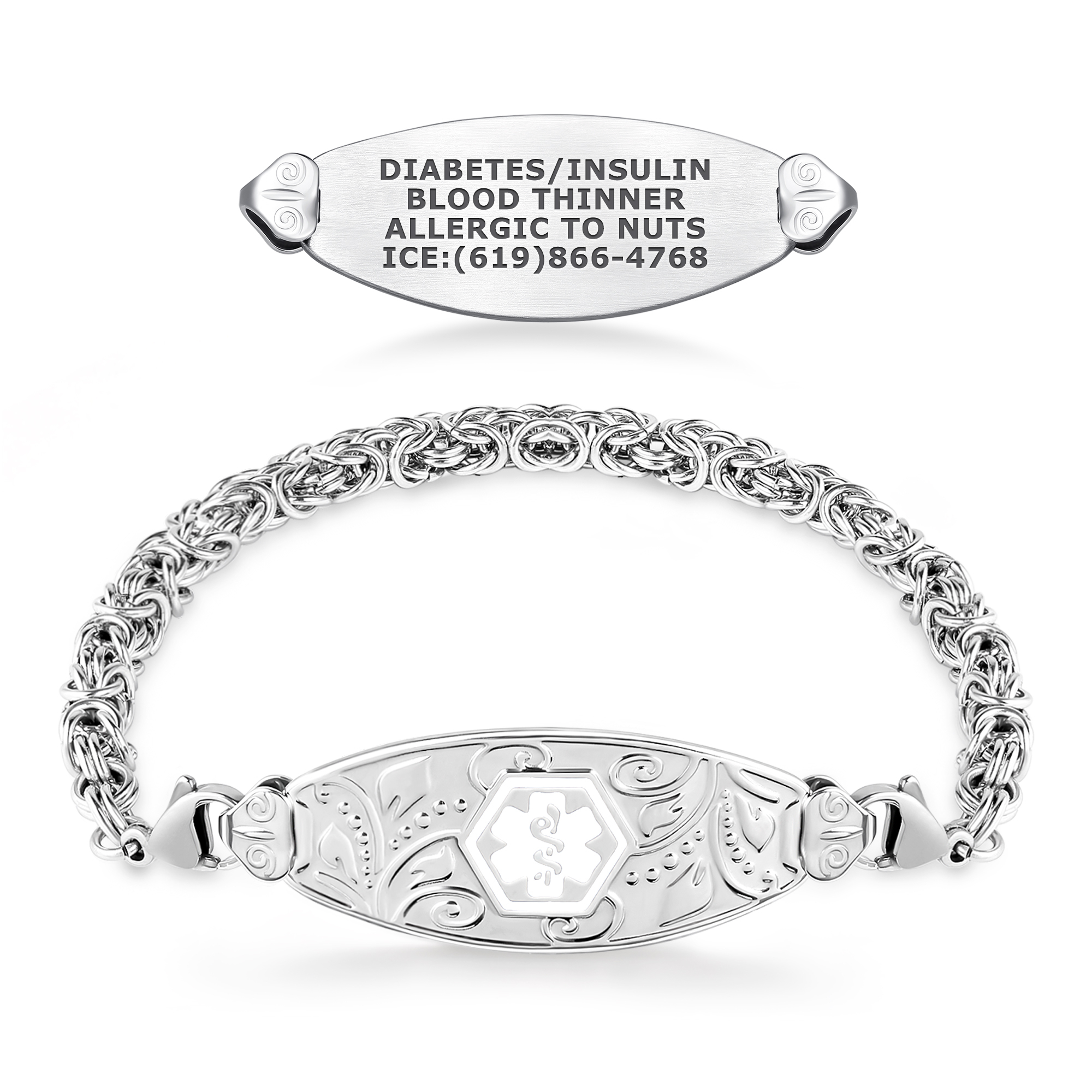 A silver-toned medical alert bracelet featuring an intricate Byzantine-style chain and an oval ID plate with embossed floral patterns. The plate includes a raised hexagonal emblem with a white Star of Life medical symbol in the center. Above the bracelet, a separate engraved ID plate is displayed, showing the text "DIABETES/INSULIN, BLOOD THINNER, ALLERGIC TO NUTS, ICE:(619)866-4768" in black uppercase letters. The bracelet is set against a clean white background.