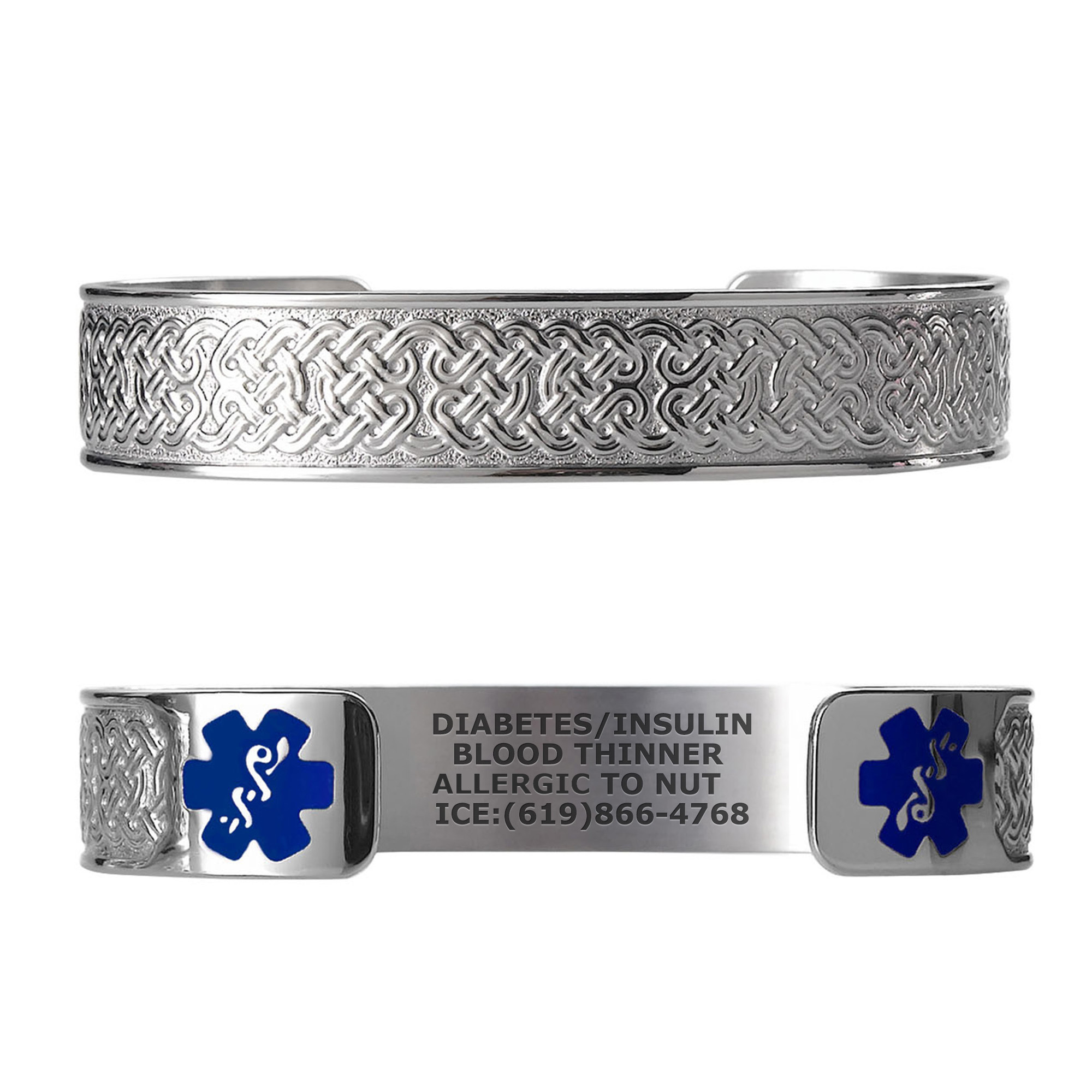 Cuff-style medical alert bracelet with intricate Celtic knot patterns, featuring engraved medical details and blue Star of Life symbols for emergencies.