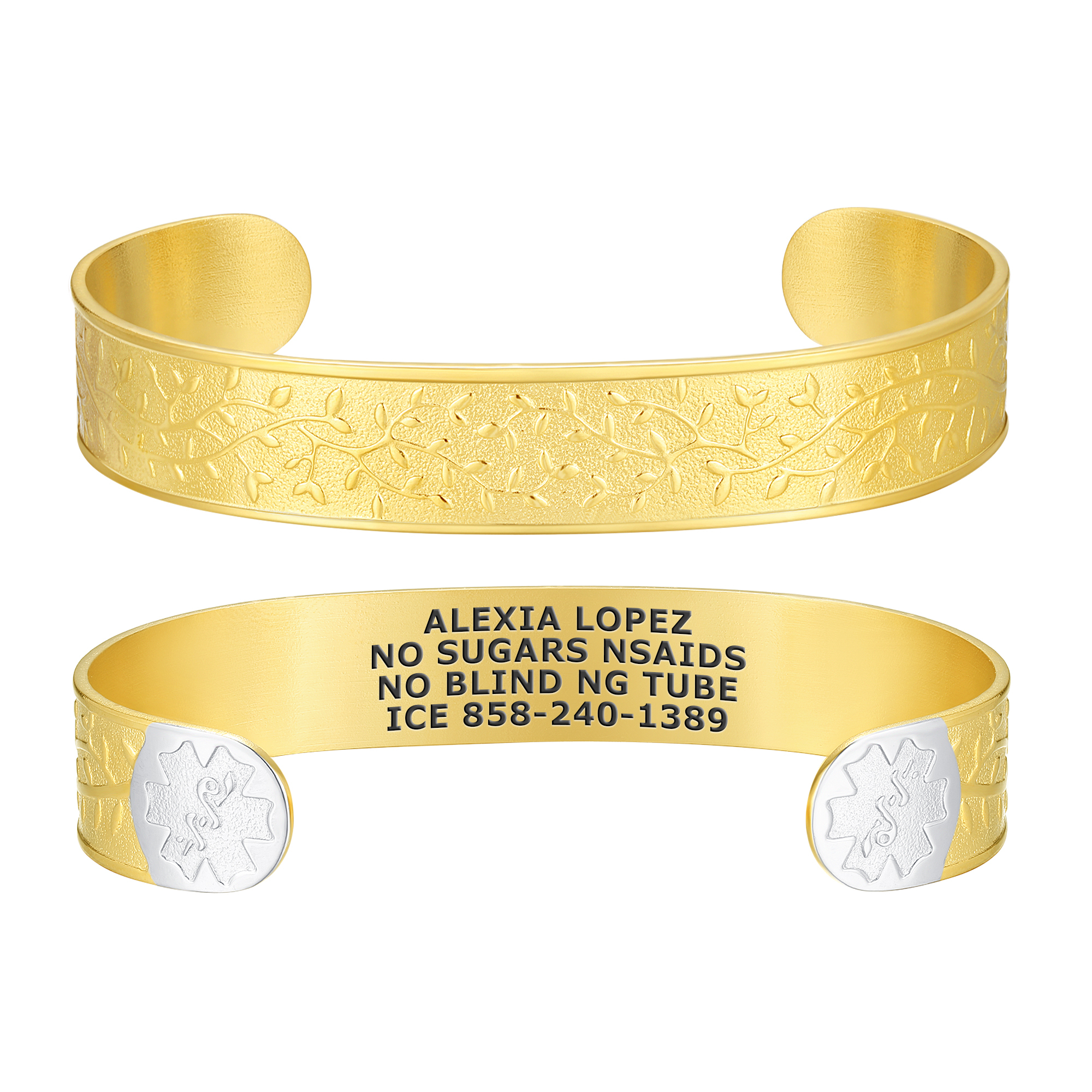 Two gold cuff bracelets displayed on a white background. The upper bracelet shows an intricate vine and leaf pattern on the exterior, while the lower bracelet reveals engraved medical details: 'Alexia Lopez, No Sugars, NSAIDs, No Blind NG Tube, ICE 858-240-1389,' along with silver Star of Life emblems on the inner ends.