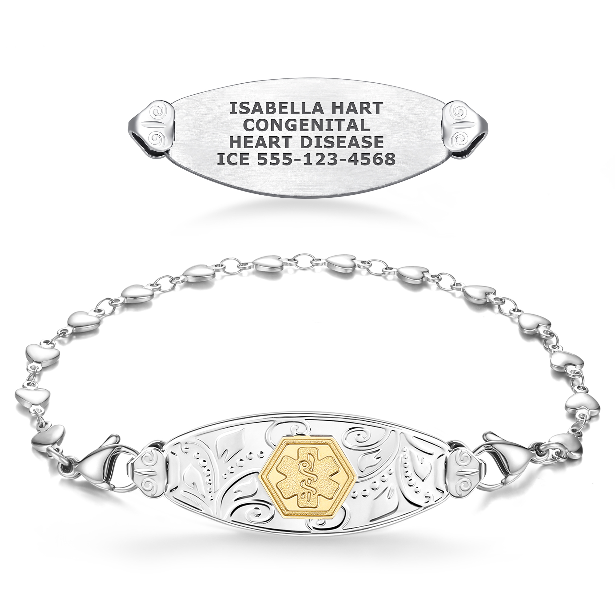 A silver-toned medical alert bracelet featuring a heart-link chain and a central oblong plaque with intricate scrollwork and a gold "Star of Life" medical symbol in the center. Above the bracelet, a separate silver tag is displayed, engraved with medical information: "CARDIOMYOPATHY, A-FIB ON AMIODARONE, PACEMAKER, ICE (858)240-1389." The bracelet is secured with lobster claw clasps and is set against a clean white background.