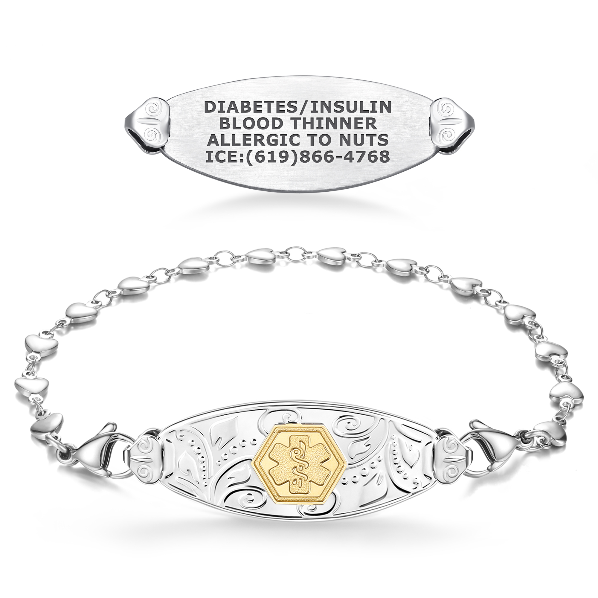 A silver-toned medical alert bracelet featuring a heart-link chain and a central oblong plaque with intricate scrollwork and a gold "Star of Life" medical symbol in the center. Above the bracelet, a separate silver tag is displayed, engraved with medical information: "CARDIOMYOPATHY, A-FIB ON AMIODARONE, PACEMAKER, ICE (858)240-1389." The bracelet is secured with lobster claw clasps and is set against a clean white background.