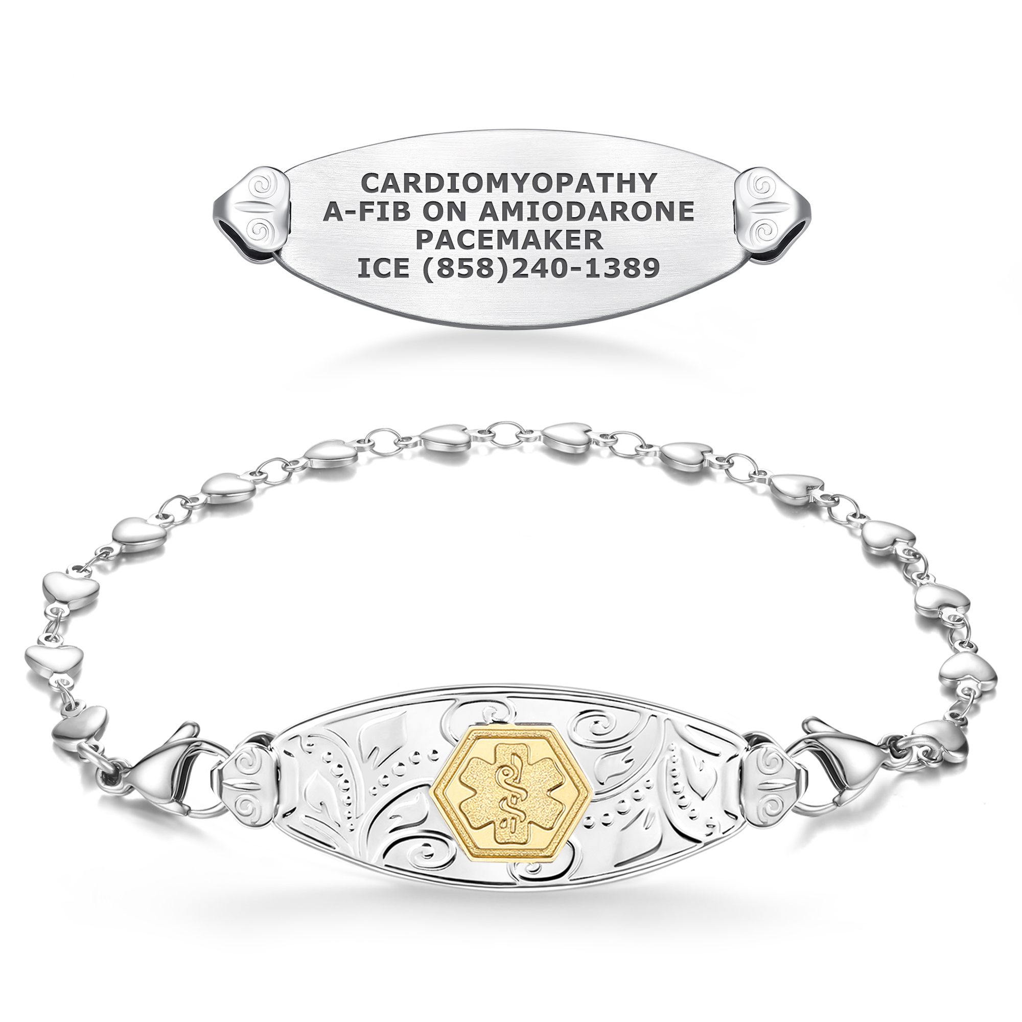 A silver-toned medical alert bracelet featuring a heart-link chain and a central oblong plaque with intricate scrollwork and a gold "Star of Life" medical symbol in the center. Above the bracelet, a separate silver tag is displayed, engraved with medical information: "CARDIOMYOPATHY, A-FIB ON AMIODARONE, PACEMAKER, ICE (858)240-1389." The bracelet is secured with lobster claw clasps and is set against a clean white background.